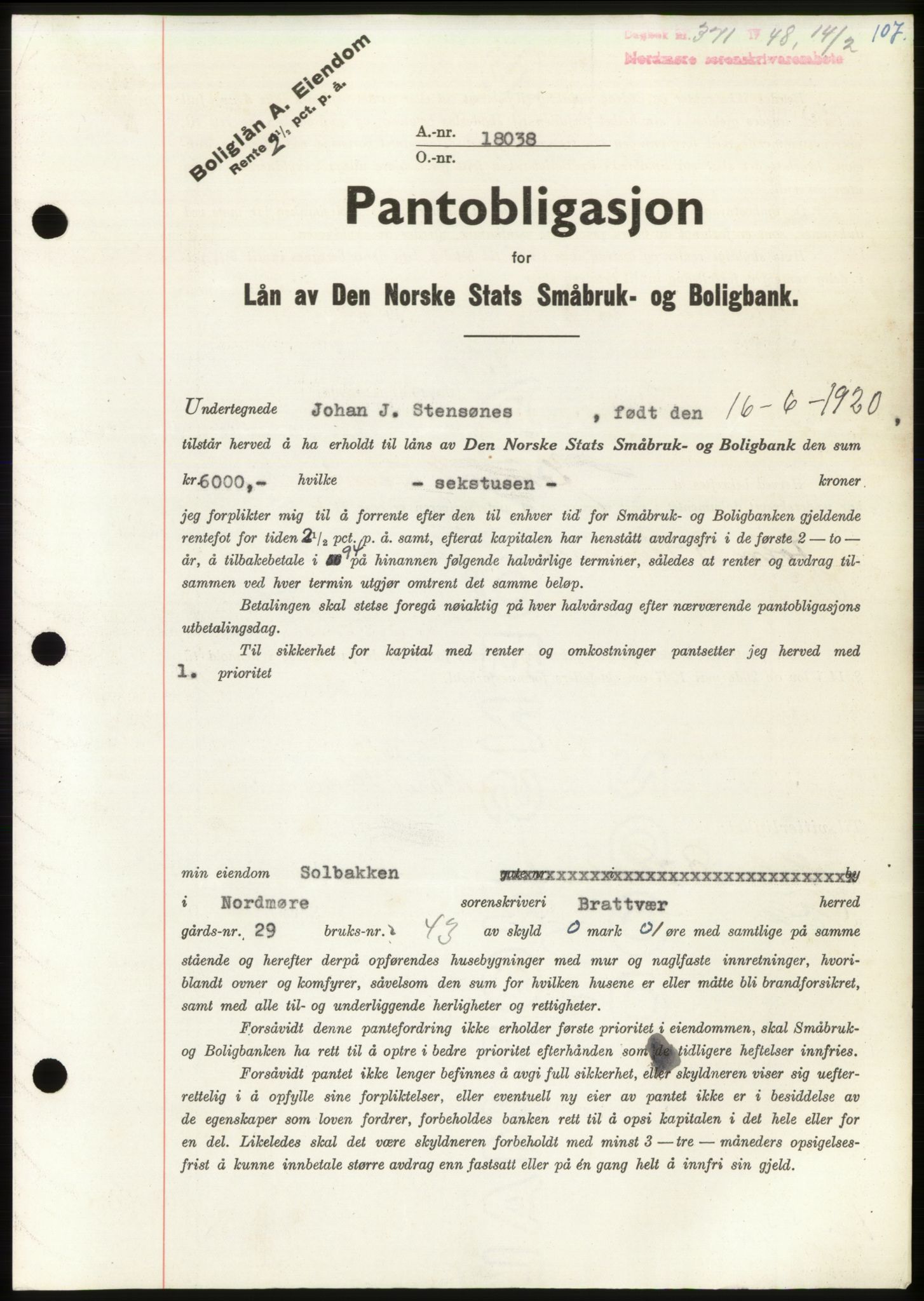 Nordmøre sorenskriveri, AV/SAT-A-4132/1/2/2Ca: Mortgage book no. B98, 1948-1948, Diary no: : 371/1948