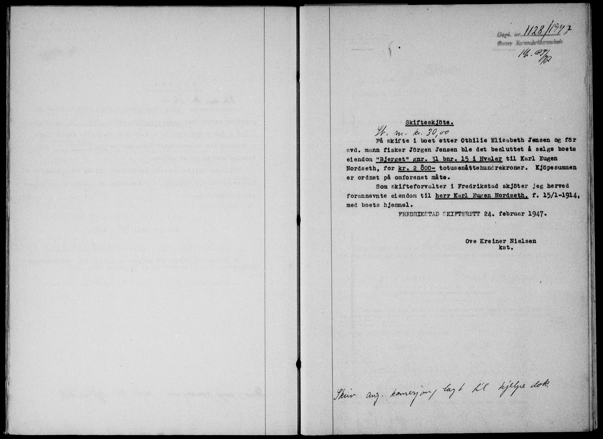 Onsøy sorenskriveri, SAO/A-10474/G/Ga/Gab/L0019b: Mortgage book no. II A-19 B, 1947-1947, Diary no: : 1128/1947