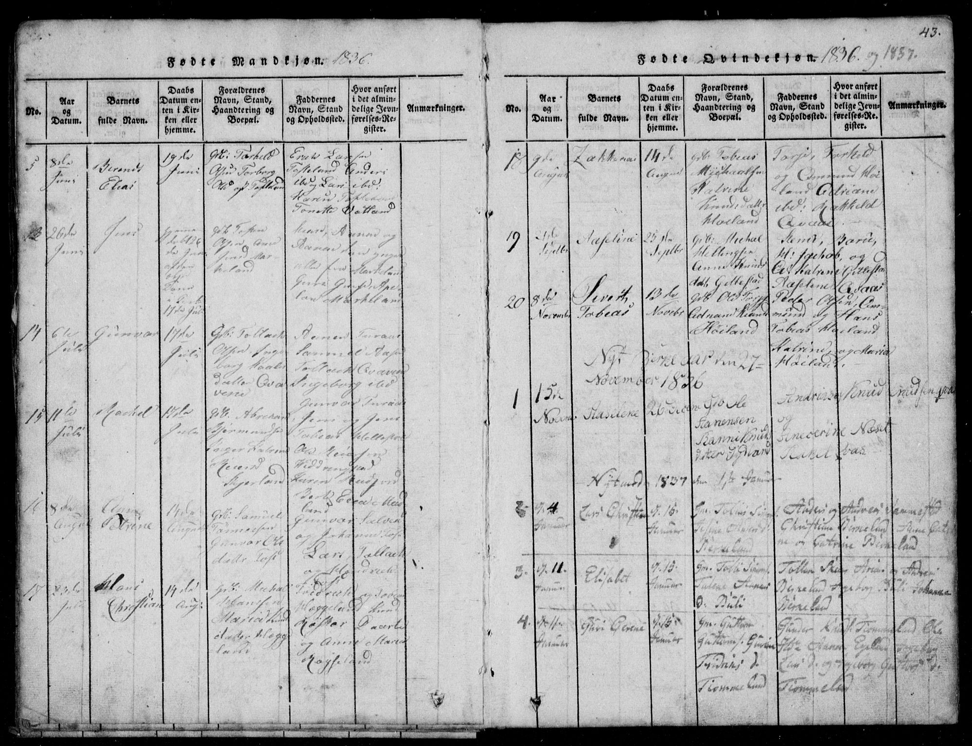 Lyngdal sokneprestkontor, AV/SAK-1111-0029/F/Fb/Fbb/L0001: Parish register (copy) no. B 1, 1816-1900, p. 43