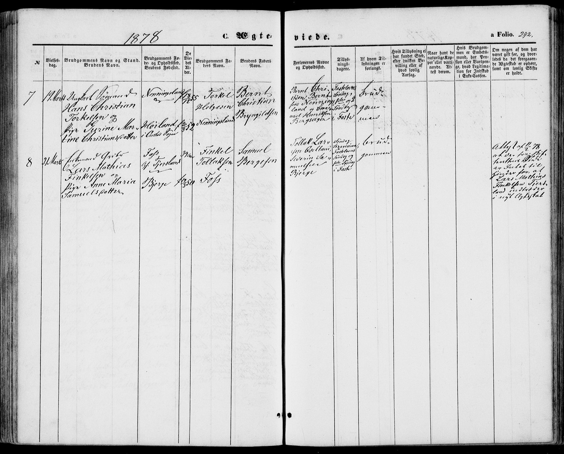 Lyngdal sokneprestkontor, SAK/1111-0029/F/Fa/Fac/L0010: Parish register (official) no. A 10, 1865-1878, p. 292