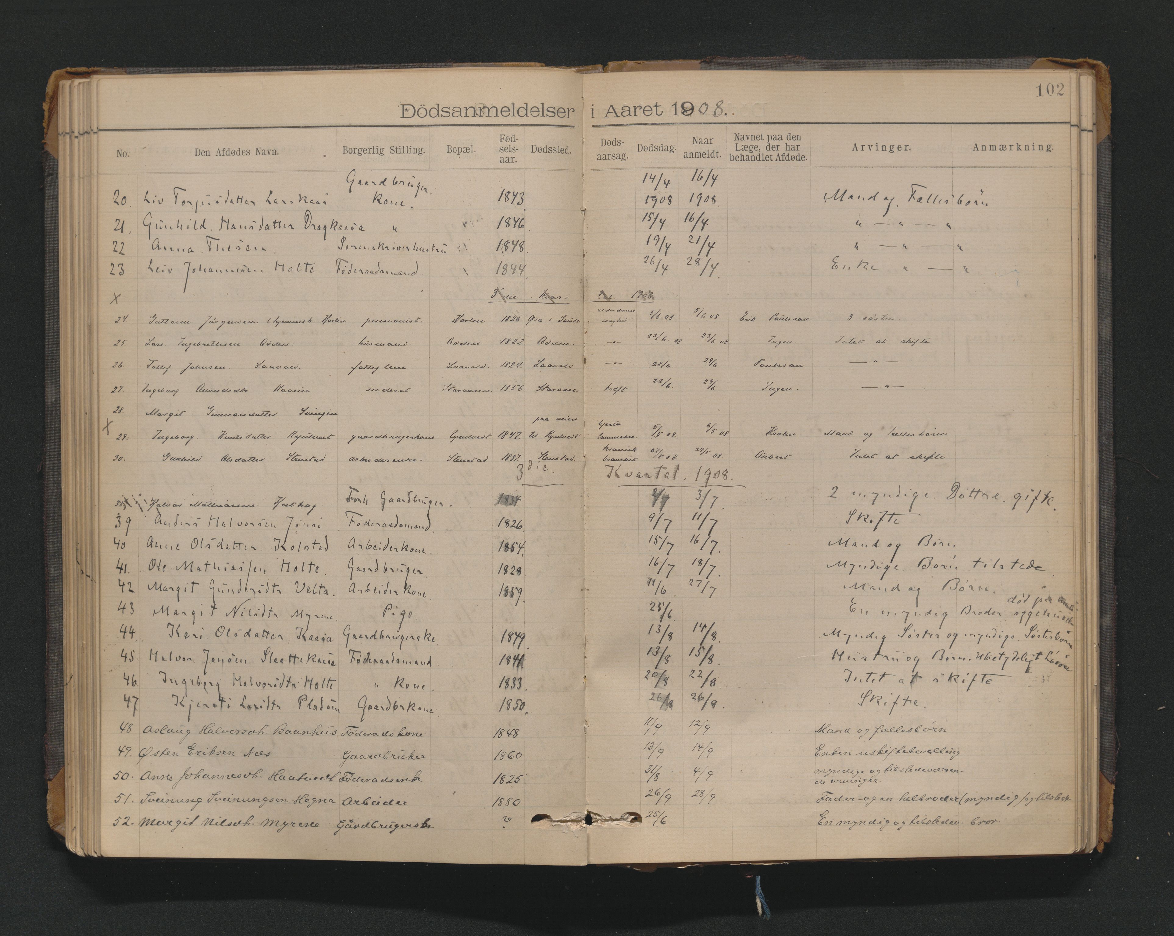 Nedre Telemark sorenskriveri, AV/SAKO-A-135/H/Ha/Haa/L0002: Dødsanmeldeldelsesprotokoll, 1901-1924, p. 102