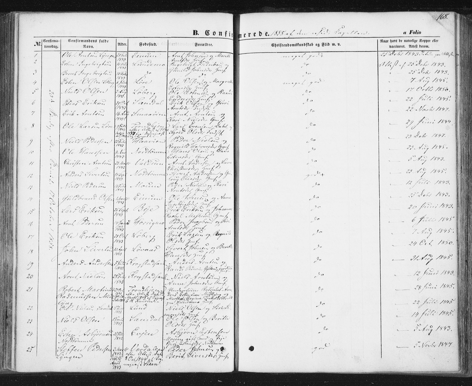 Ministerialprotokoller, klokkerbøker og fødselsregistre - Sør-Trøndelag, SAT/A-1456/692/L1103: Parish register (official) no. 692A03, 1849-1870, p. 168