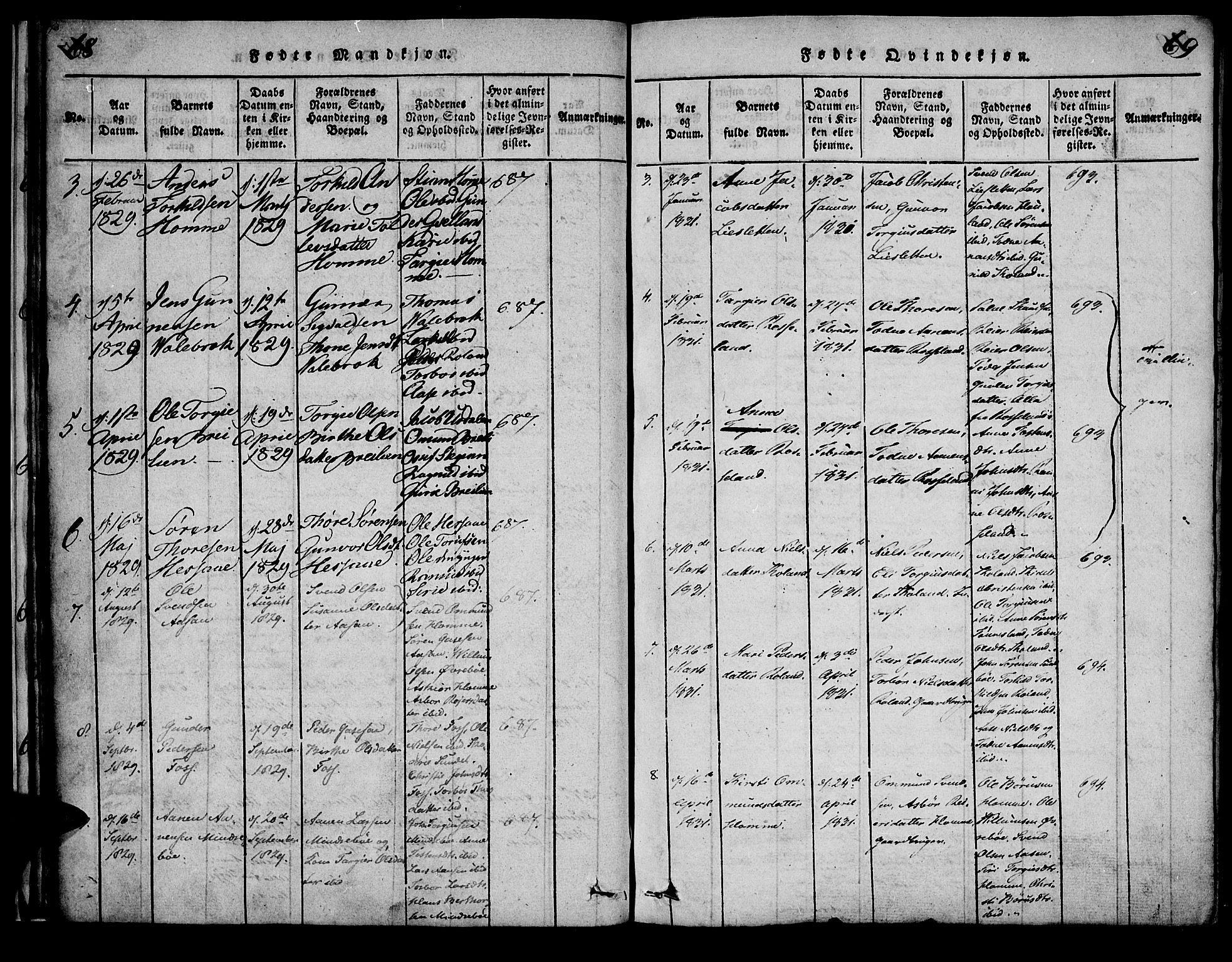 Bjelland sokneprestkontor, SAK/1111-0005/F/Fa/Faa/L0002: Parish register (official) no. A 2, 1816-1866, p. 68-69