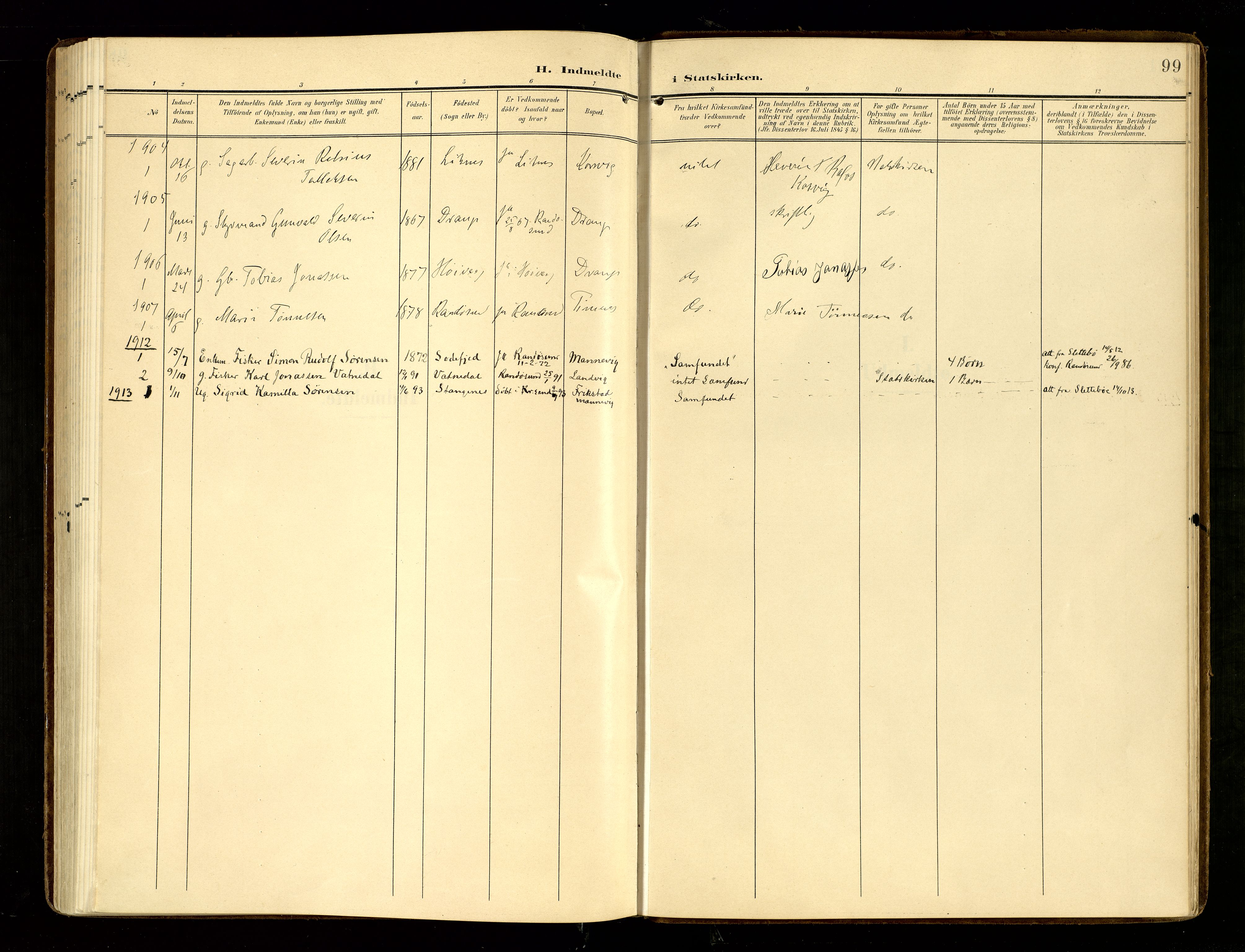 Oddernes sokneprestkontor, AV/SAK-1111-0033/F/Fa/Fab/L0003: Parish register (official) no. A 3, 1903-1916, p. 99