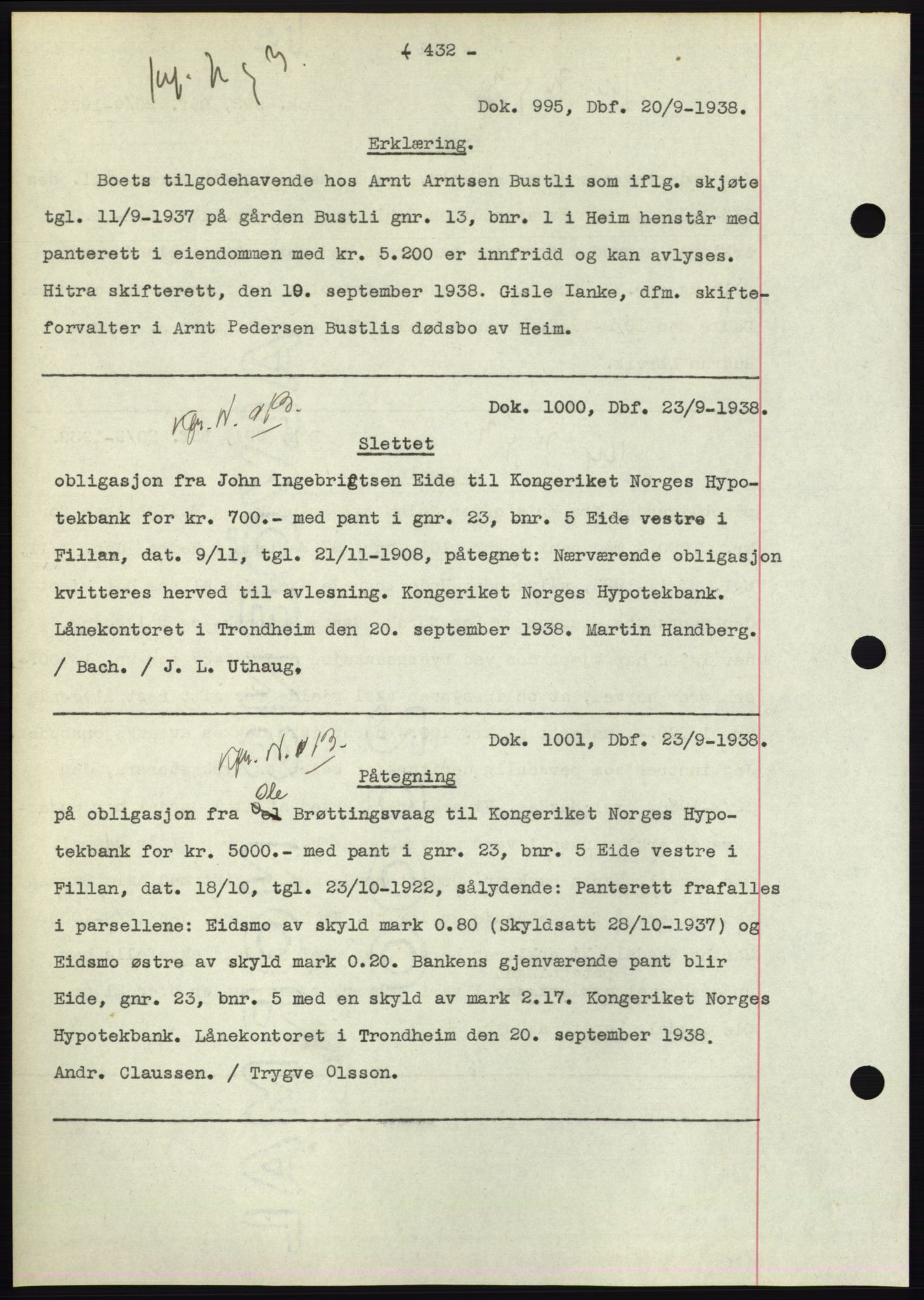 Hitra sorenskriveri, AV/SAT-A-0018/2/2C/2Ca: Mortgage book no. C1, 1936-1945, Diary no: : 995/1938