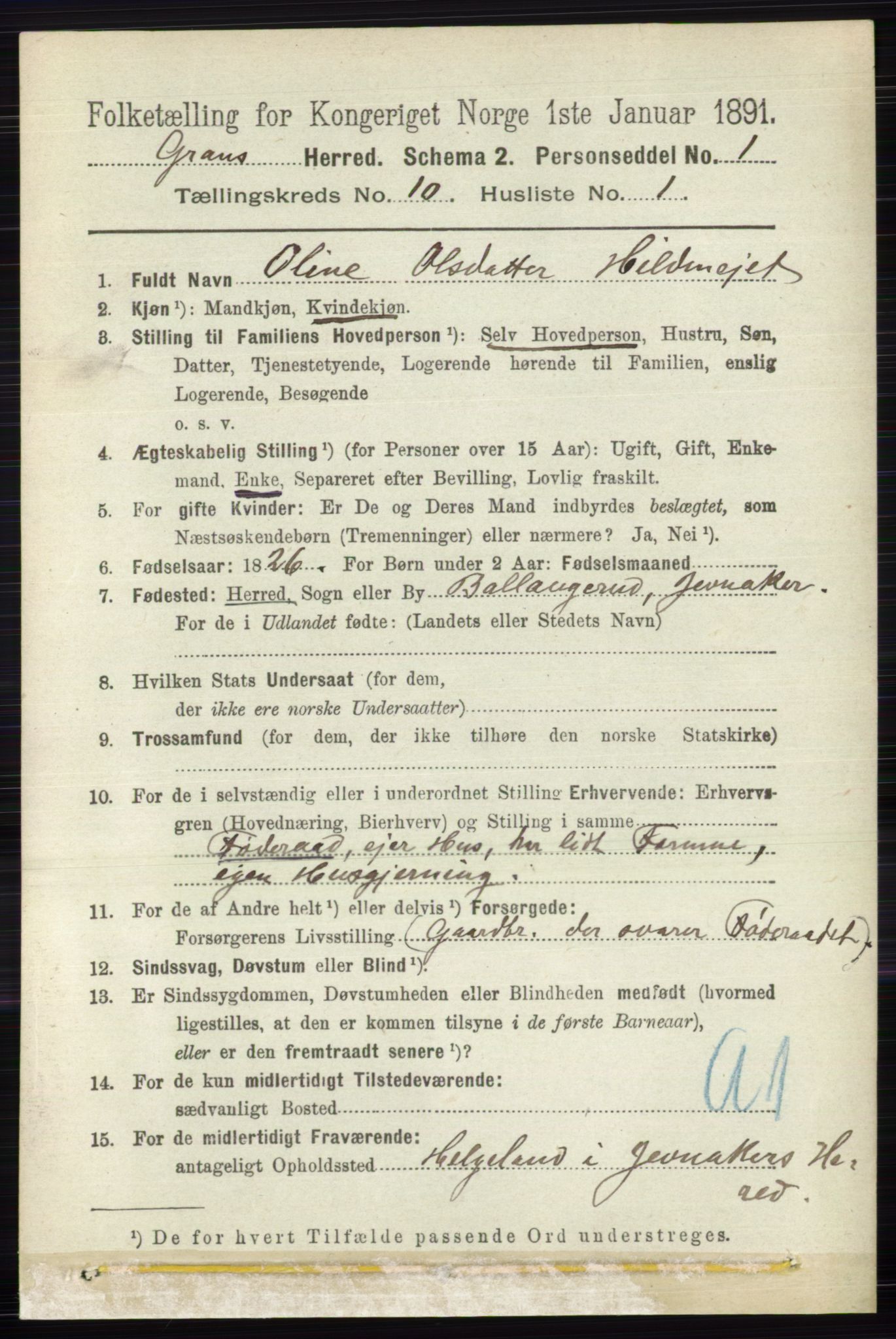 RA, 1891 census for 0534 Gran, 1891, p. 4685