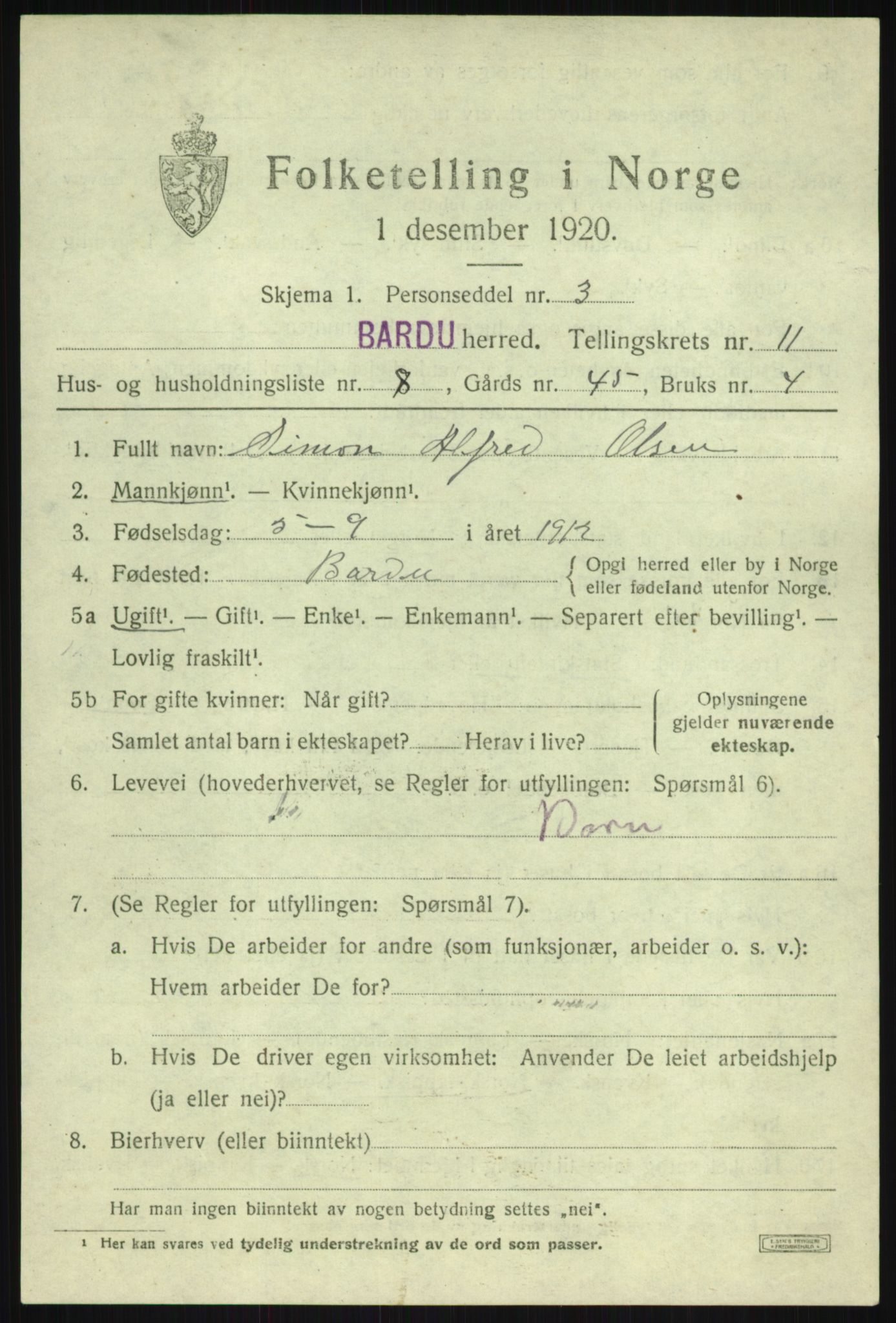 SATØ, 1920 census for Bardu, 1920, p. 3587