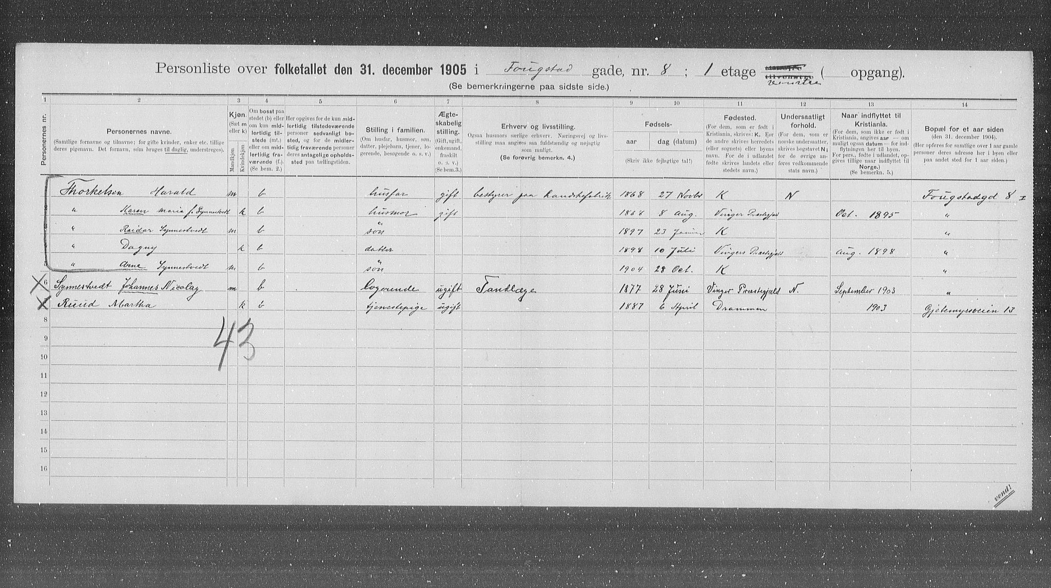 OBA, Municipal Census 1905 for Kristiania, 1905, p. 13103