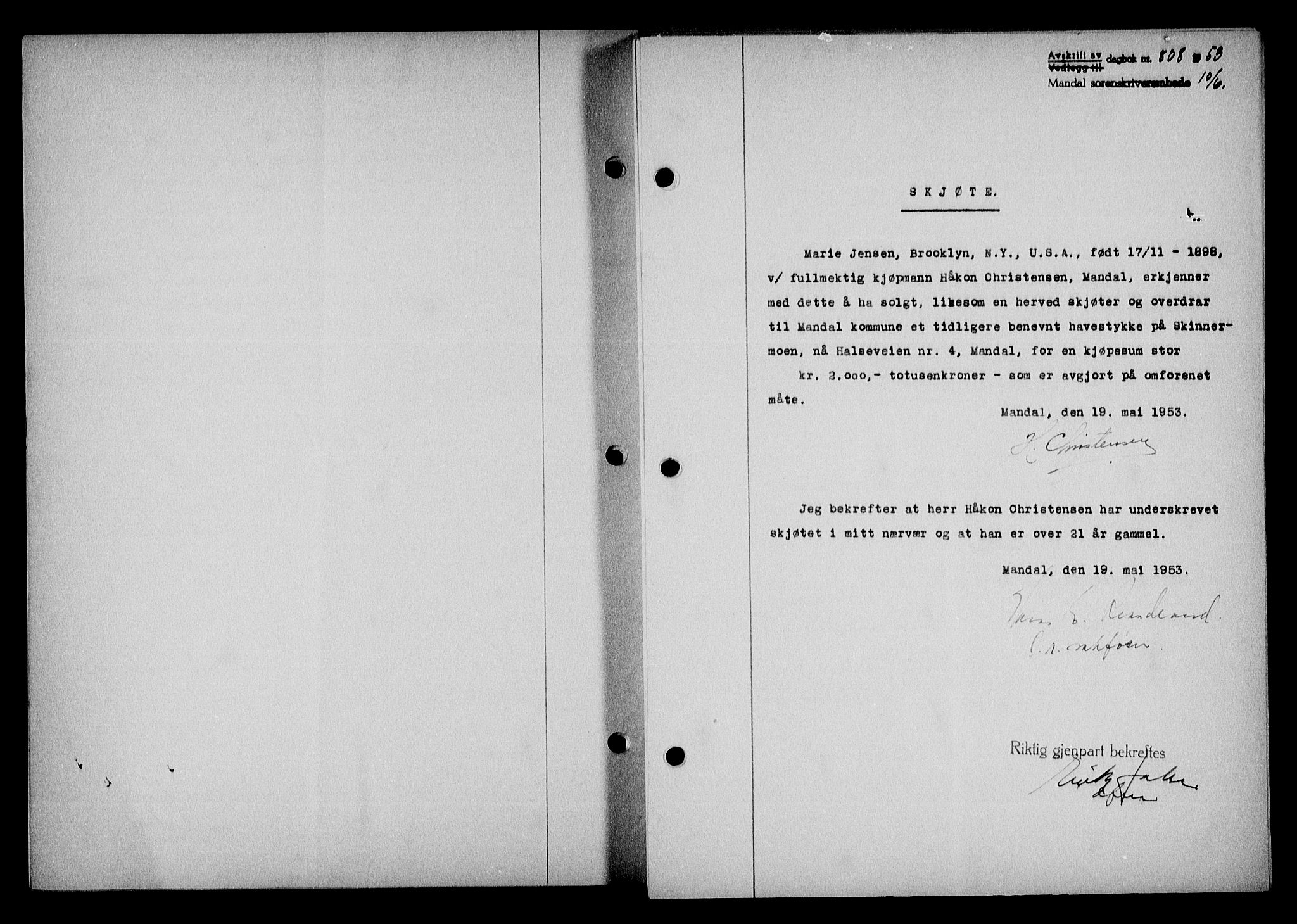 Mandal sorenskriveri, SAK/1221-0005/001/G/Gb/Gba/L0087: Mortgage book no. A-24, 1953-1953, Diary no: : 808/1953