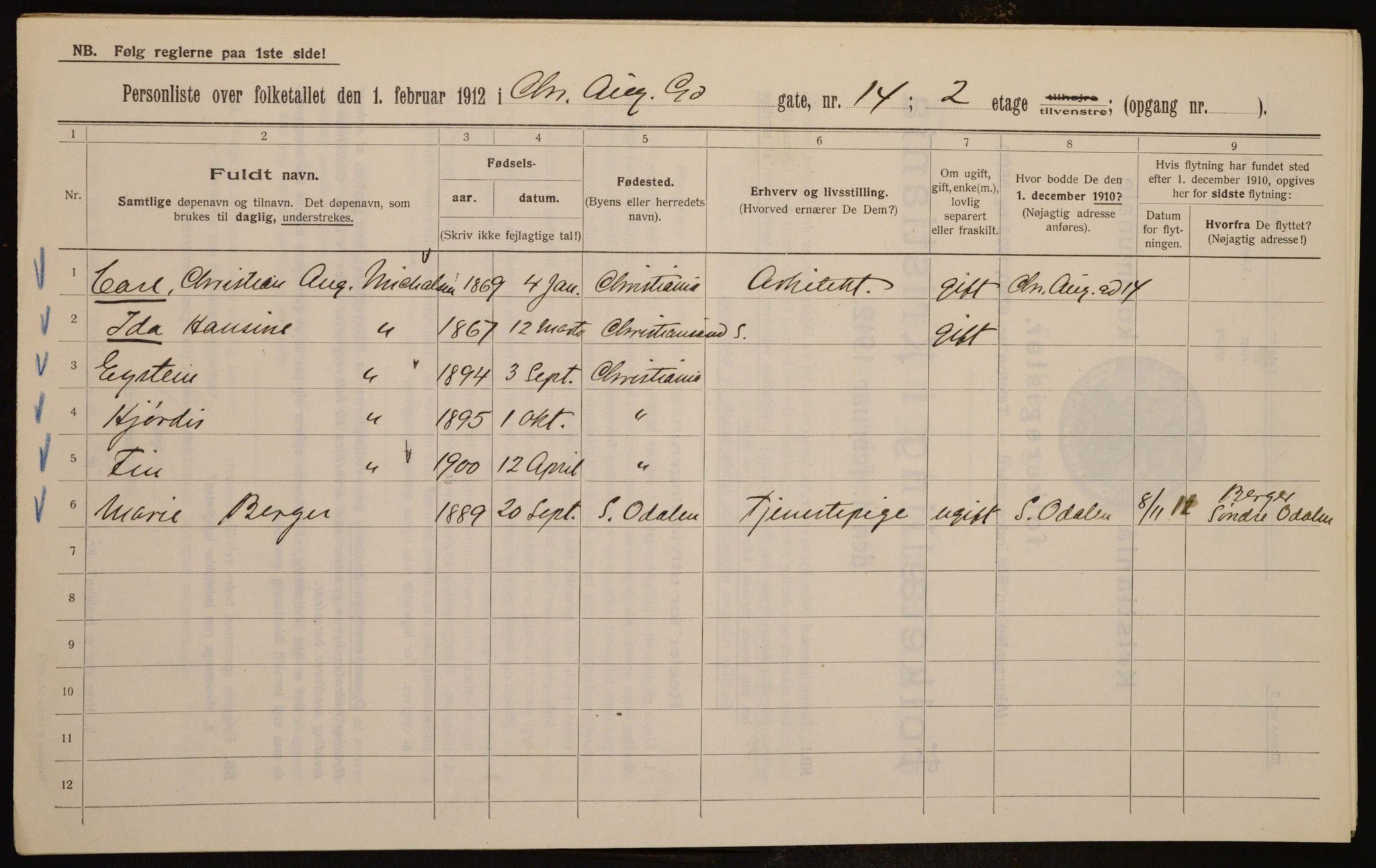 OBA, Municipal Census 1912 for Kristiania, 1912, p. 54317
