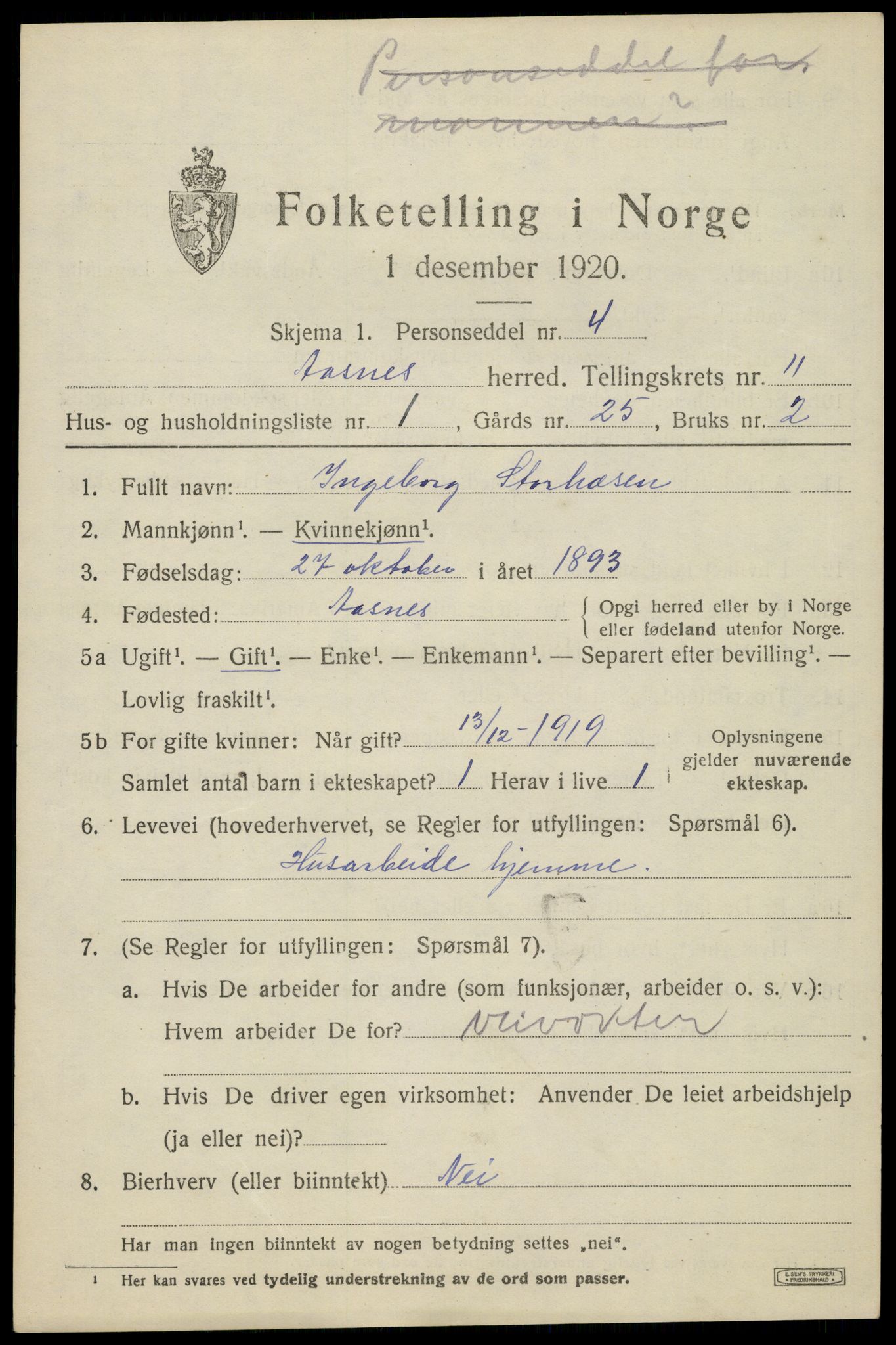 SAH, 1920 census for Åsnes, 1920, p. 11452