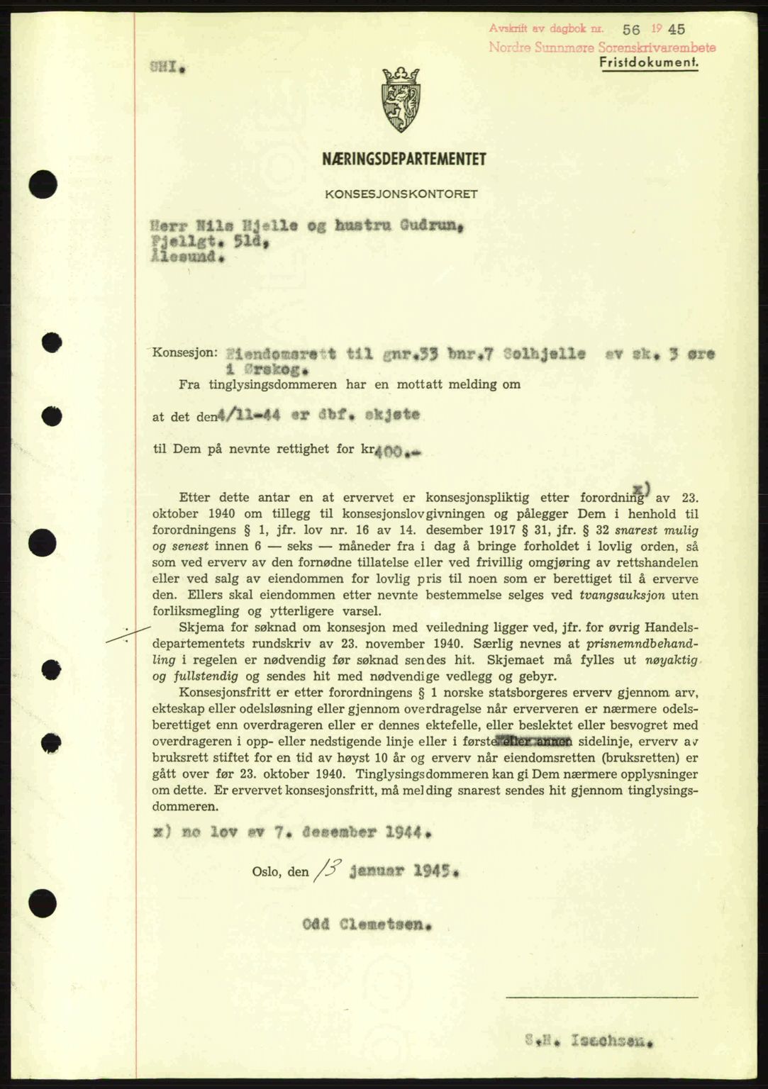 Nordre Sunnmøre sorenskriveri, SAT/A-0006/1/2/2C/2Ca: Mortgage book no. B6-14 a, 1942-1945, Diary no: : 56/1945