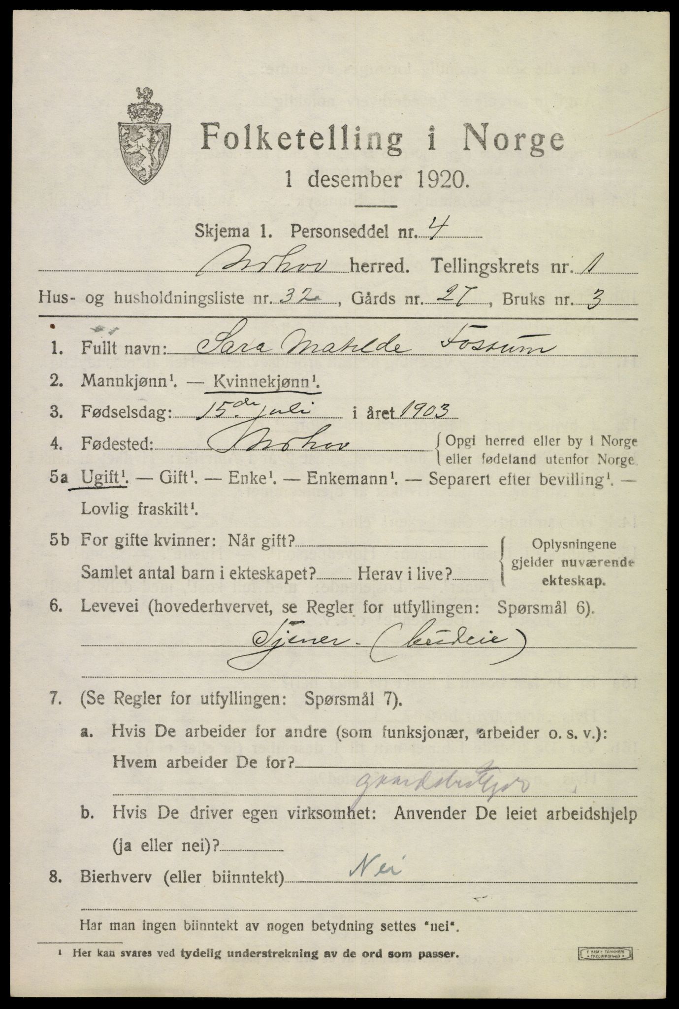 SAKO, 1920 census for Norderhov, 1920, p. 3850