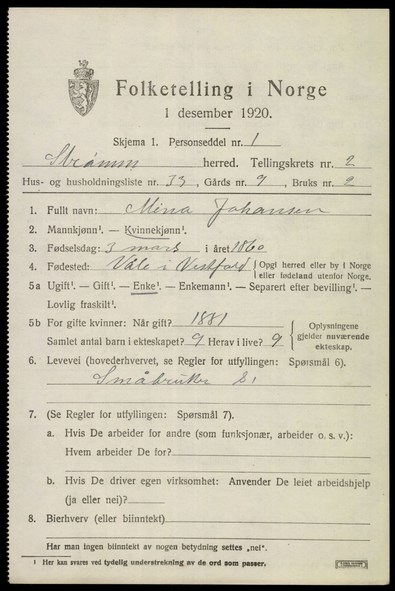 SAKO, 1920 census for Strømm, 1920, p. 1927