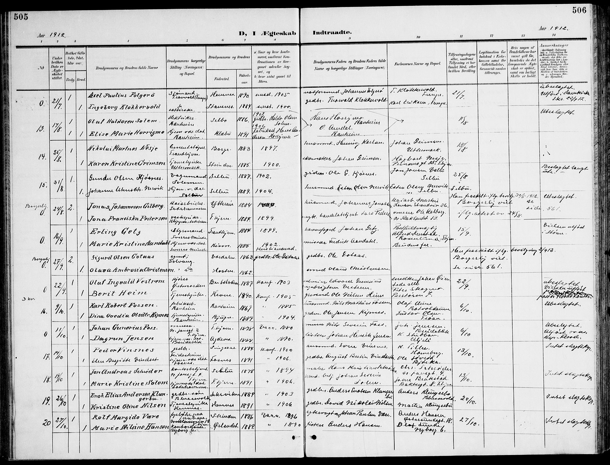 Ministerialprotokoller, klokkerbøker og fødselsregistre - Sør-Trøndelag, AV/SAT-A-1456/607/L0320: Parish register (official) no. 607A04, 1907-1915, p. 505-506