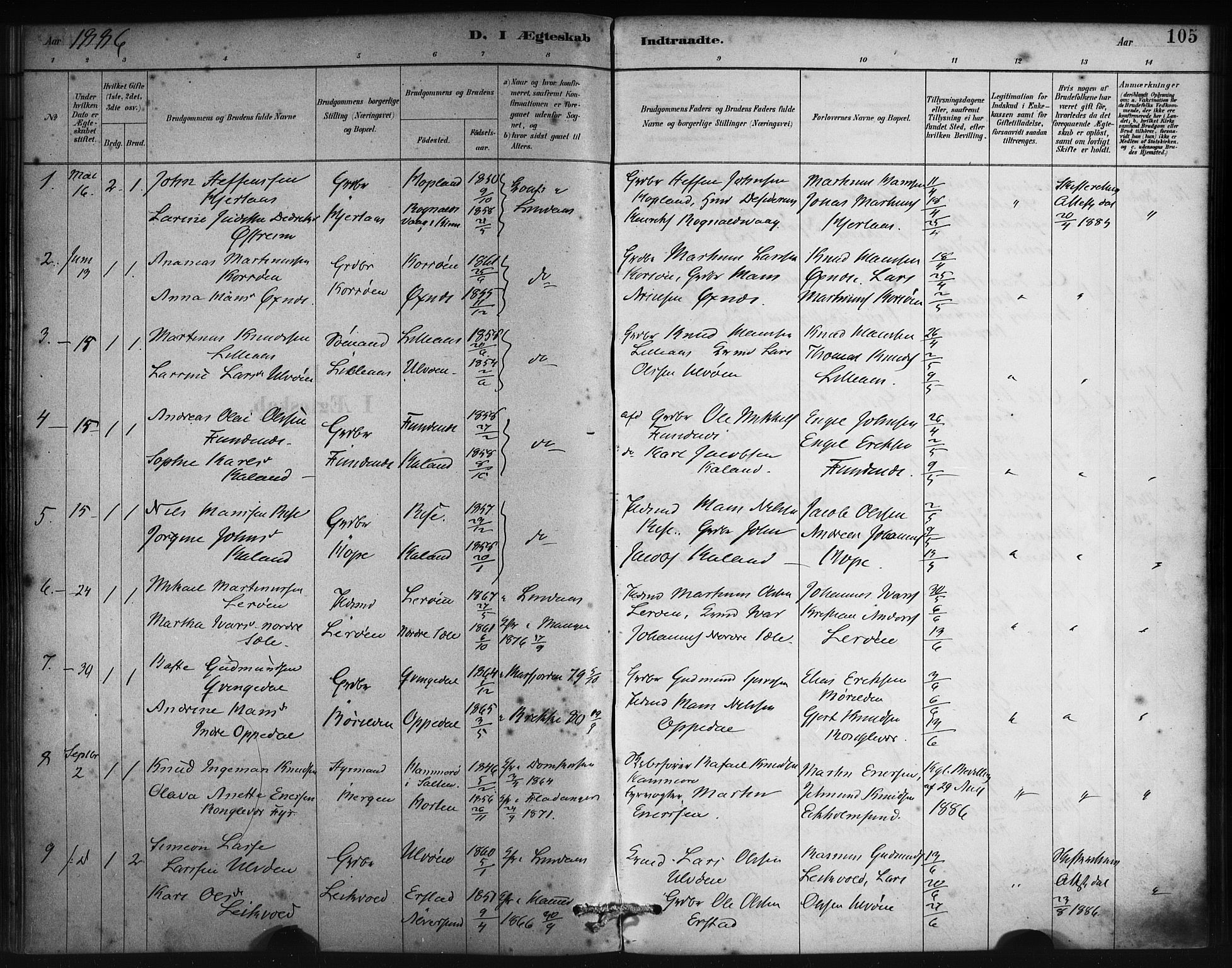 Lindås Sokneprestembete, SAB/A-76701/H/Haa: Parish register (official) no. C 1, 1886-1896, p. 105