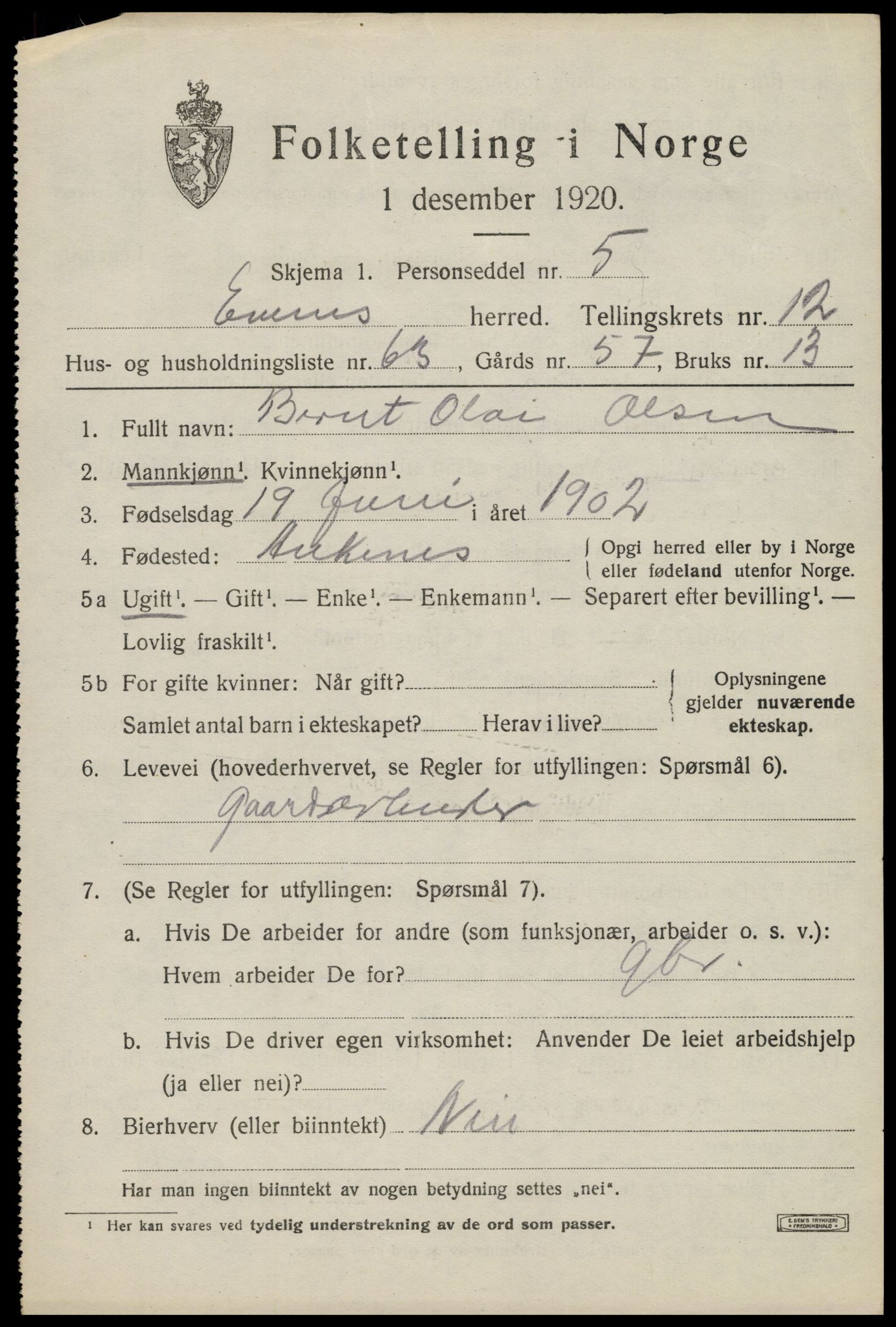 SAT, 1920 census for Evenes, 1920, p. 11890