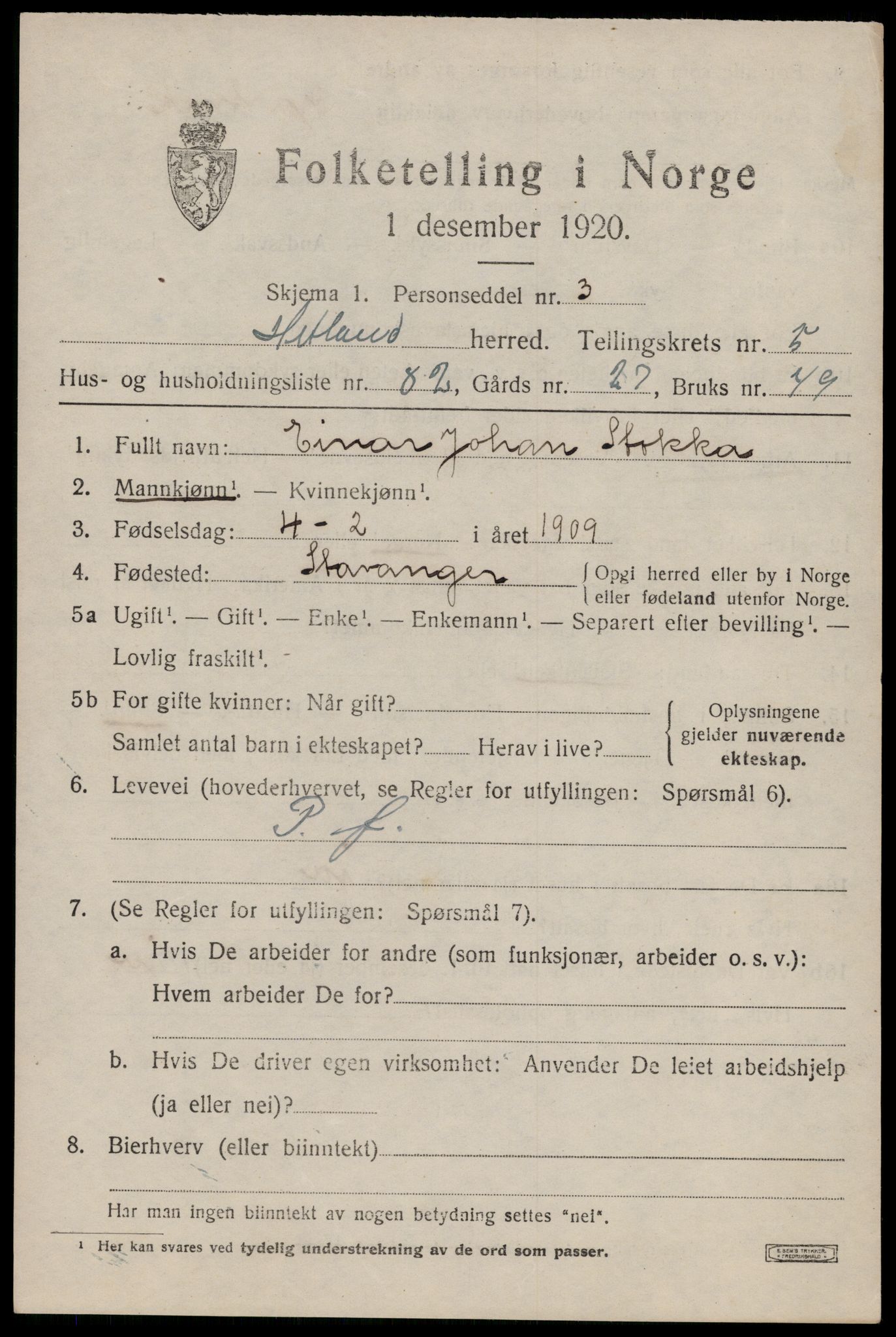 SAST, 1920 census for Hetland, 1920, p. 9451