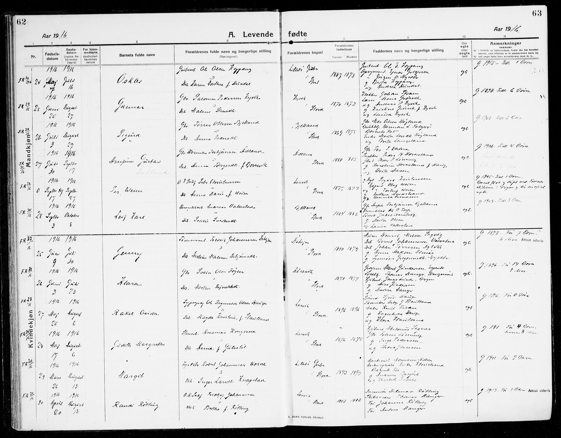 Stord sokneprestembete, AV/SAB-A-78201/H/Haa: Parish register (official) no. B 3, 1913-1925, p. 62-63