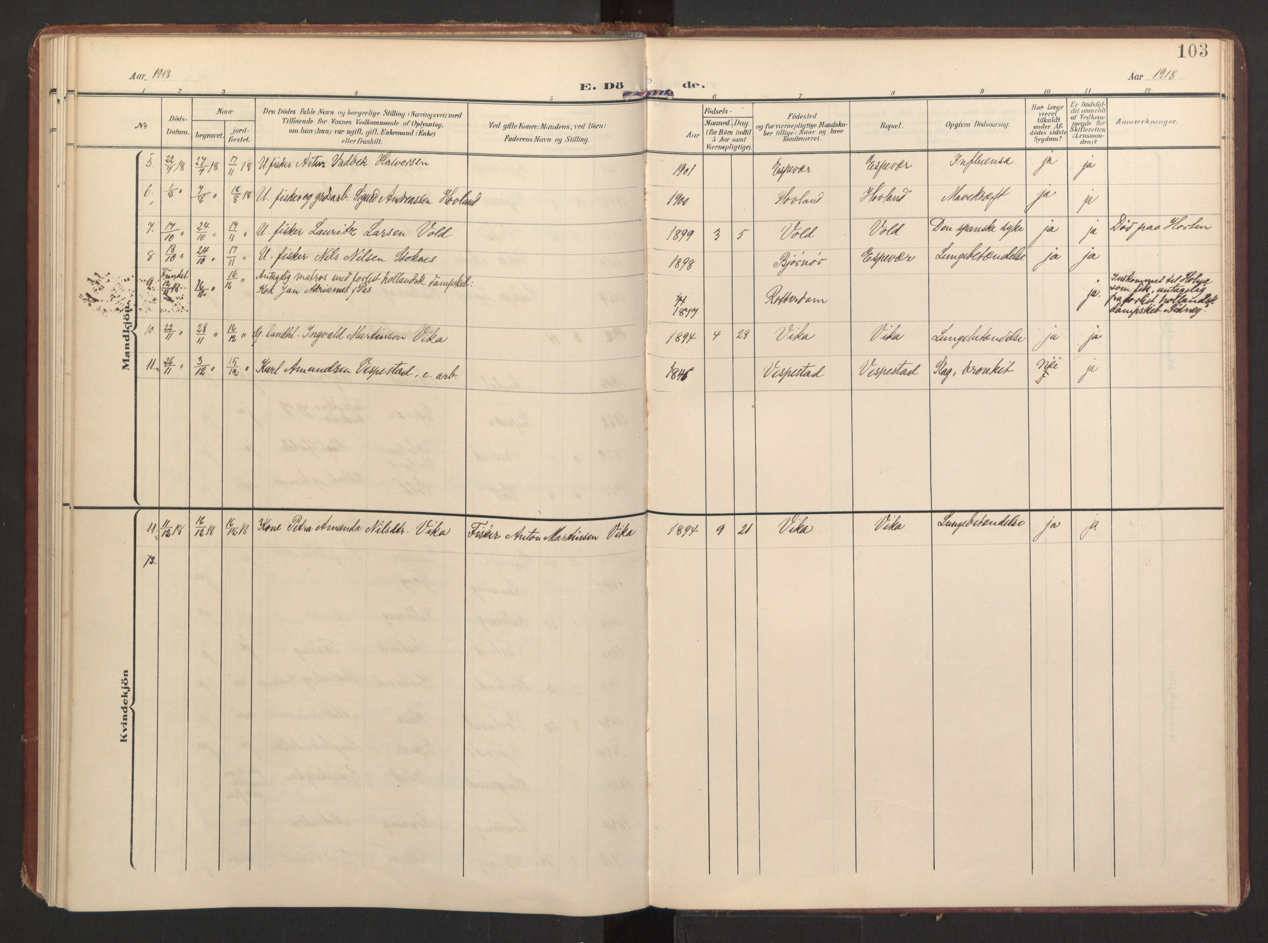 Finnås sokneprestembete, AV/SAB-A-99925/H/Ha/Haa/Haad/L0003: Parish register (official) no. D 3, 1907-1921, p. 103