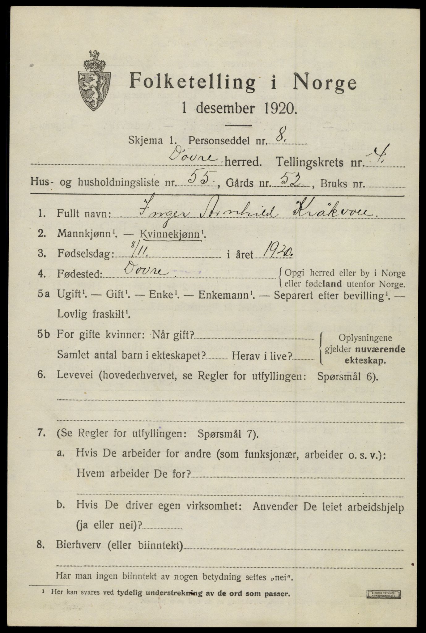 SAH, 1920 census for Dovre, 1920, p. 5178