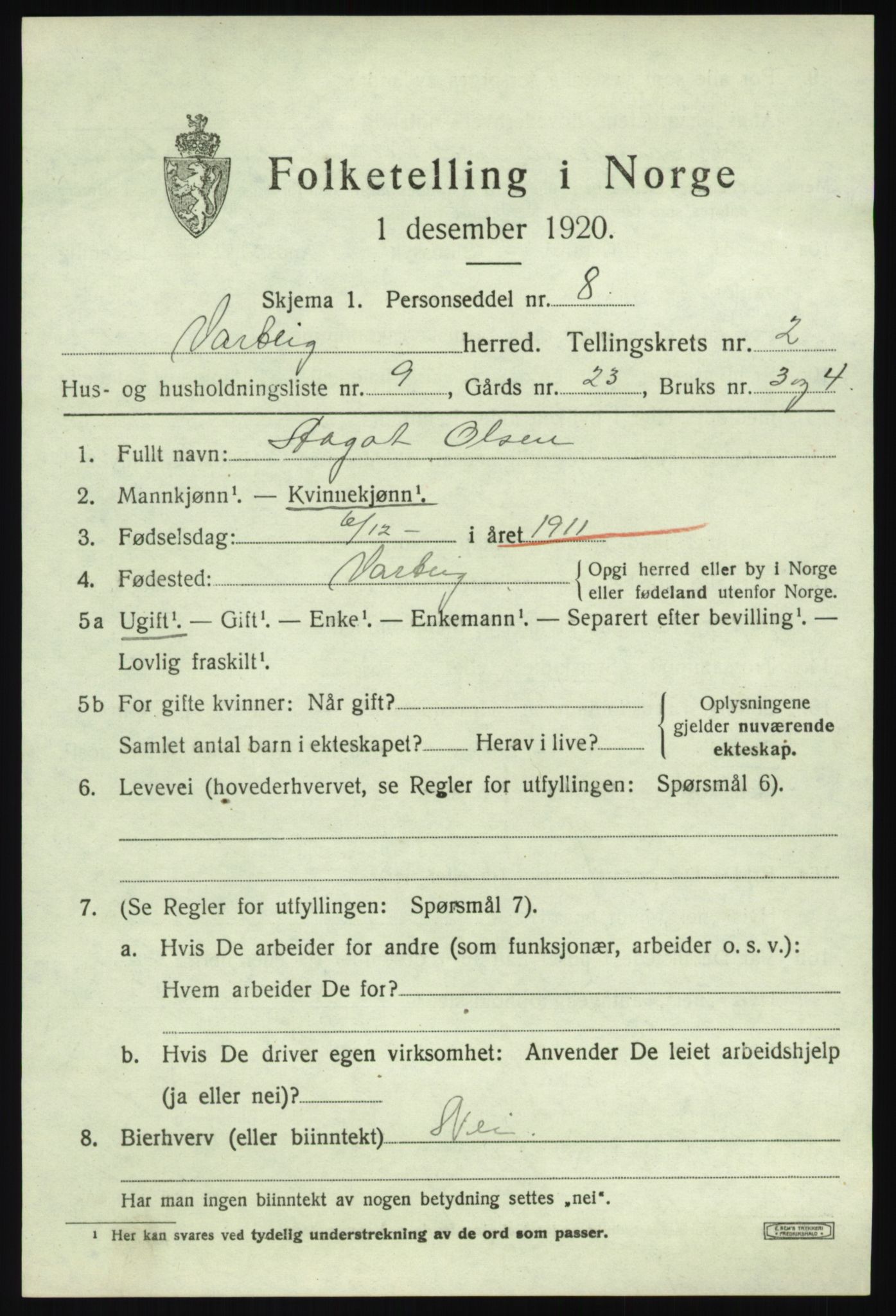 SAO, 1920 census for Varteig, 1920, p. 1243