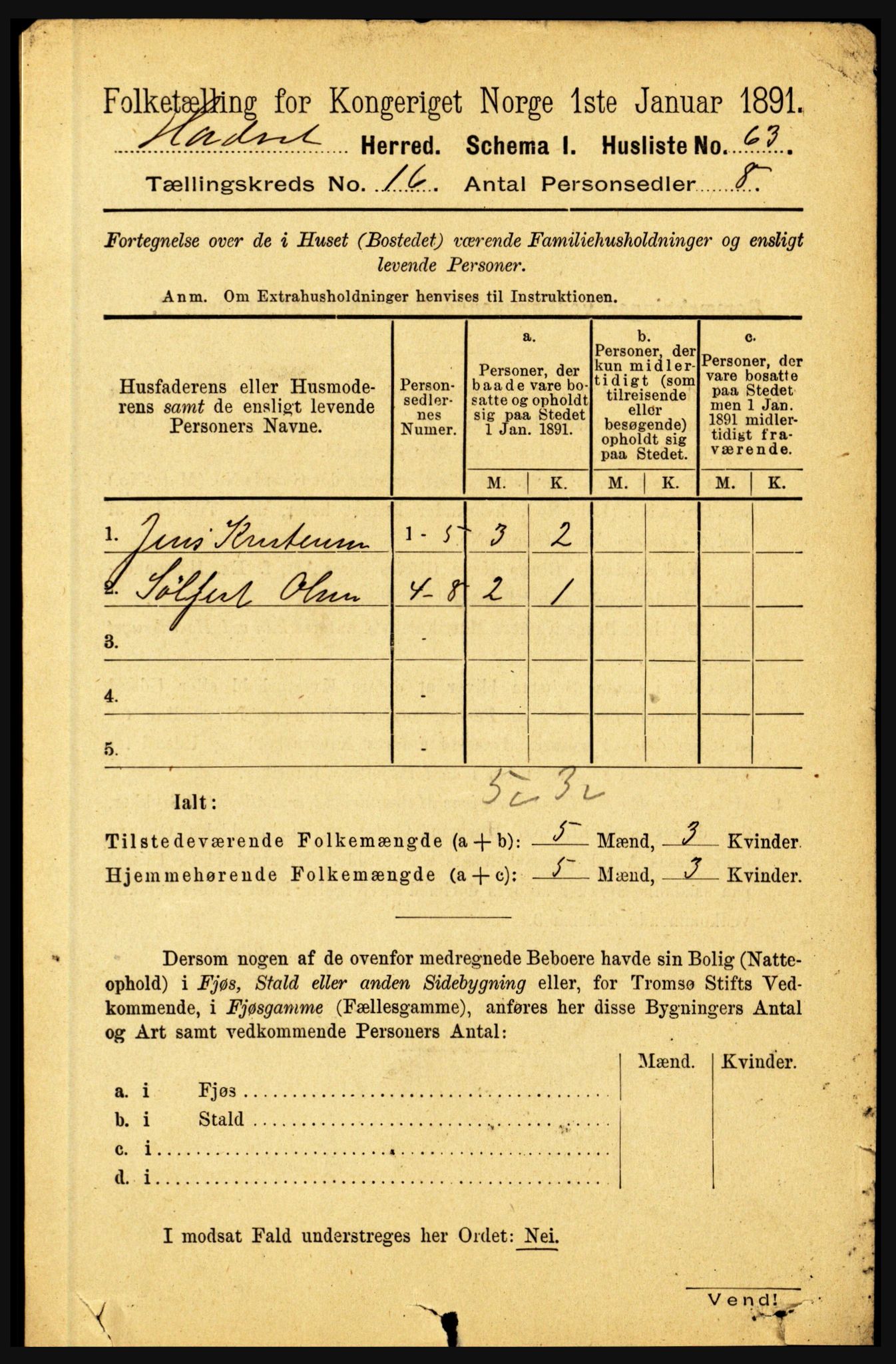 RA, 1891 census for 1866 Hadsel, 1891, p. 7268