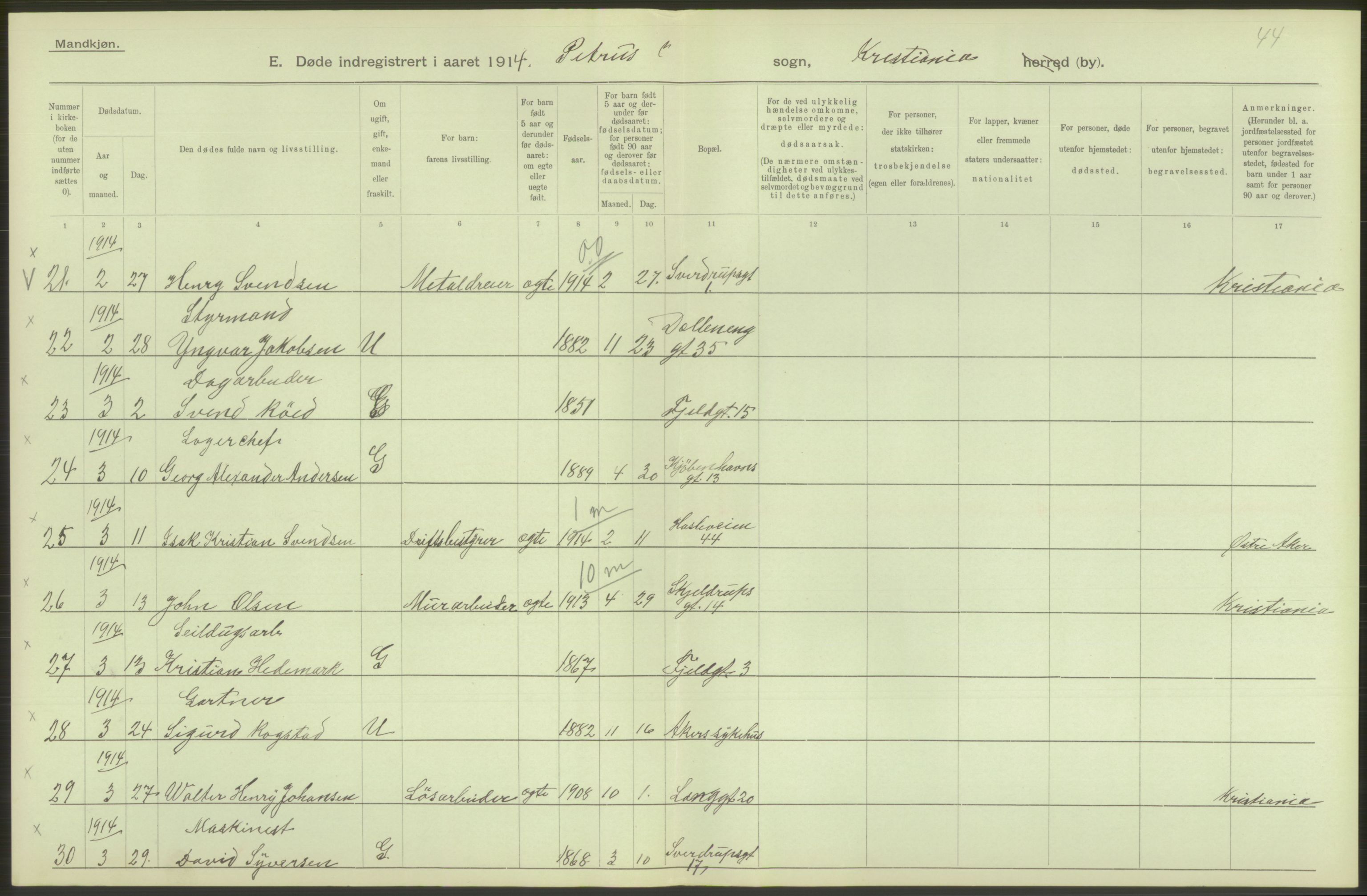 Statistisk sentralbyrå, Sosiodemografiske emner, Befolkning, AV/RA-S-2228/D/Df/Dfb/Dfbd/L0008: Kristiania: Døde, 1914, p. 348