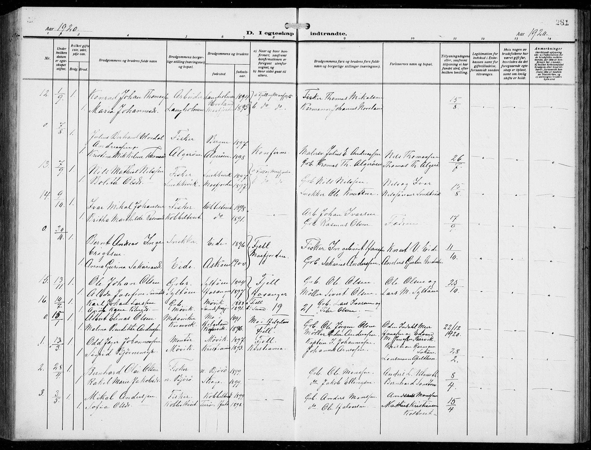 Fjell sokneprestembete, SAB/A-75301/H/Hab: Parish register (copy) no. A  6, 1918-1936, p. 281