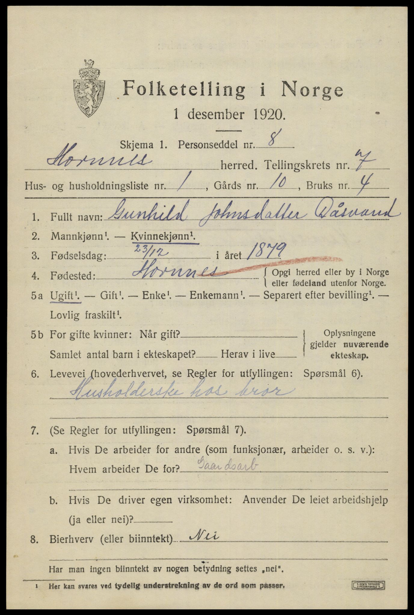 SAK, 1920 census for Hornnes, 1920, p. 1661