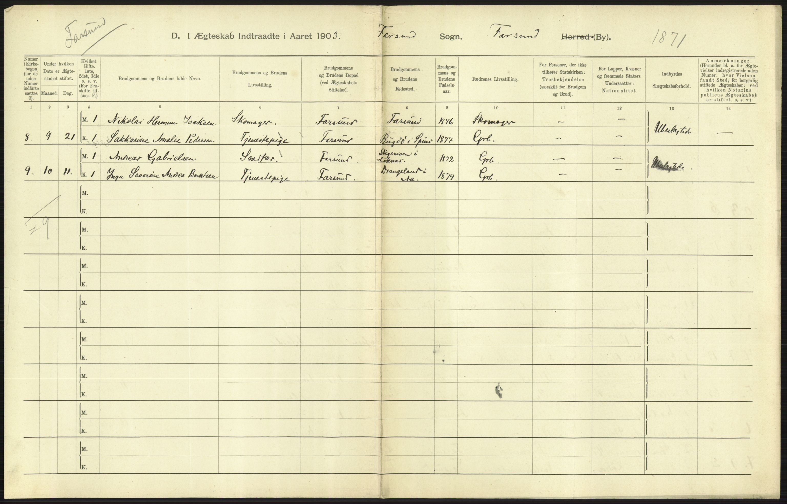 Statistisk sentralbyrå, Sosiodemografiske emner, Befolkning, AV/RA-S-2228/D/Df/Dfa/Dfaa/L0011: Lister og Mandal amt: Fødte, gifte, døde, 1903, p. 361