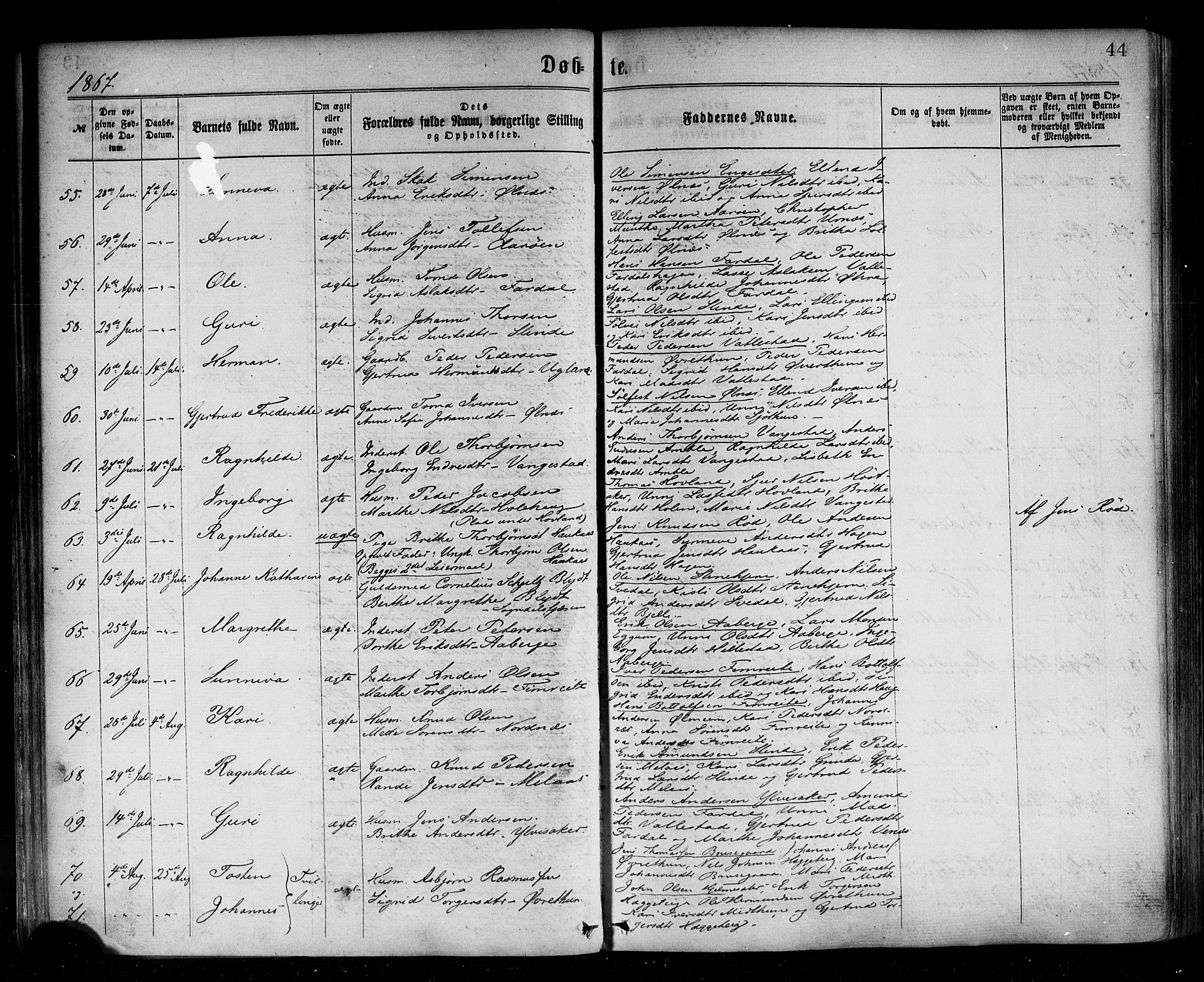 Sogndal sokneprestembete, AV/SAB-A-81301/H/Haa/Haaa/L0014: Parish register (official) no. A 14, 1864-1877, p. 44