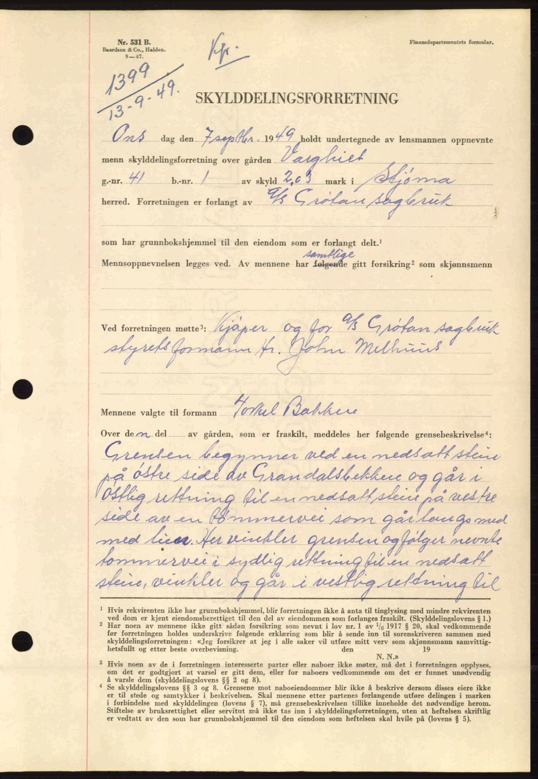 Fosen sorenskriveri, AV/SAT-A-1107/1/2/2C: Mortgage book no. A10, 1949-1950, Diary no: : 1399/1949