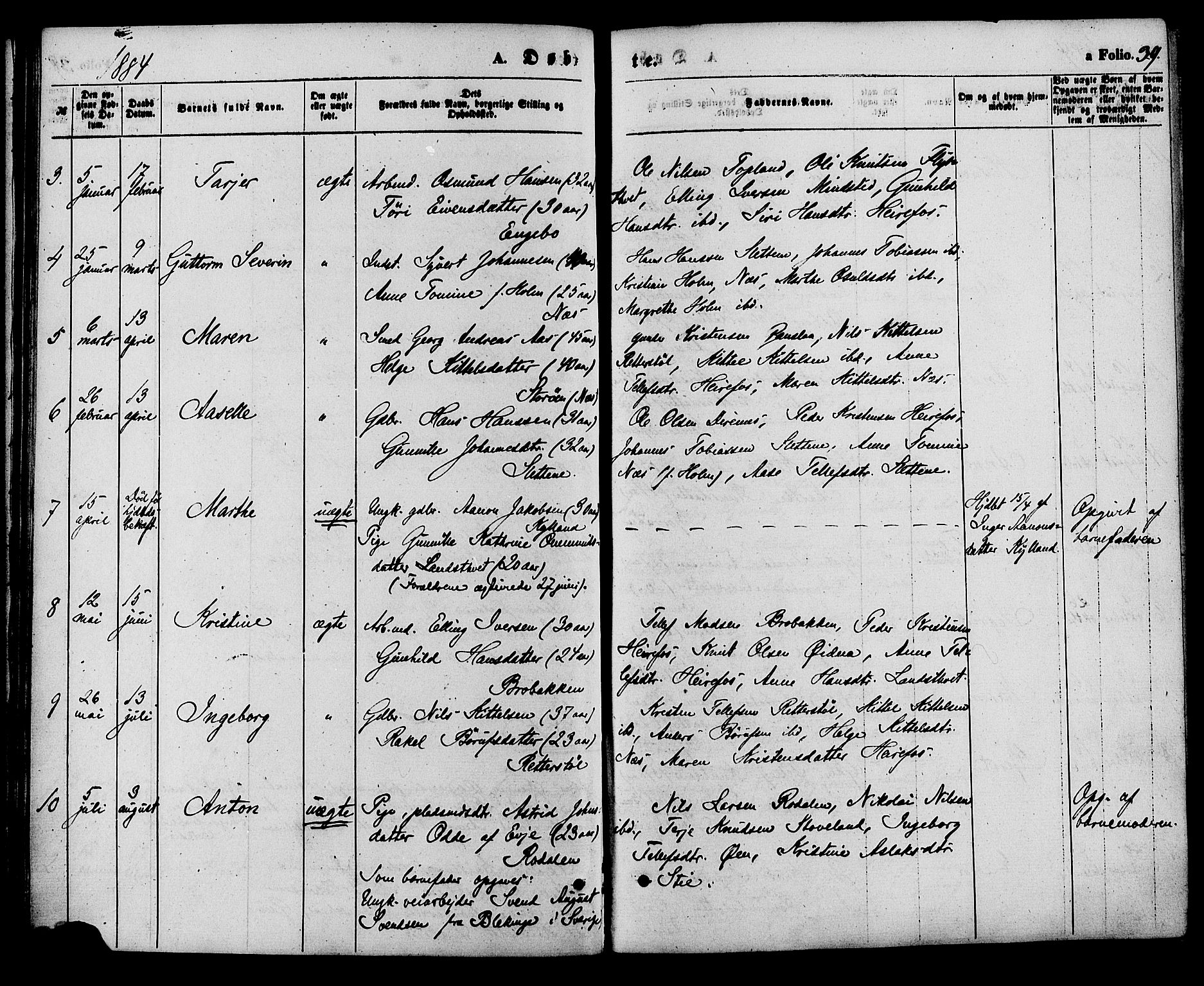 Herefoss sokneprestkontor, AV/SAK-1111-0019/F/Fa/Faa/L0002: Parish register (official) no. A 2, 1861-1886, p. 39