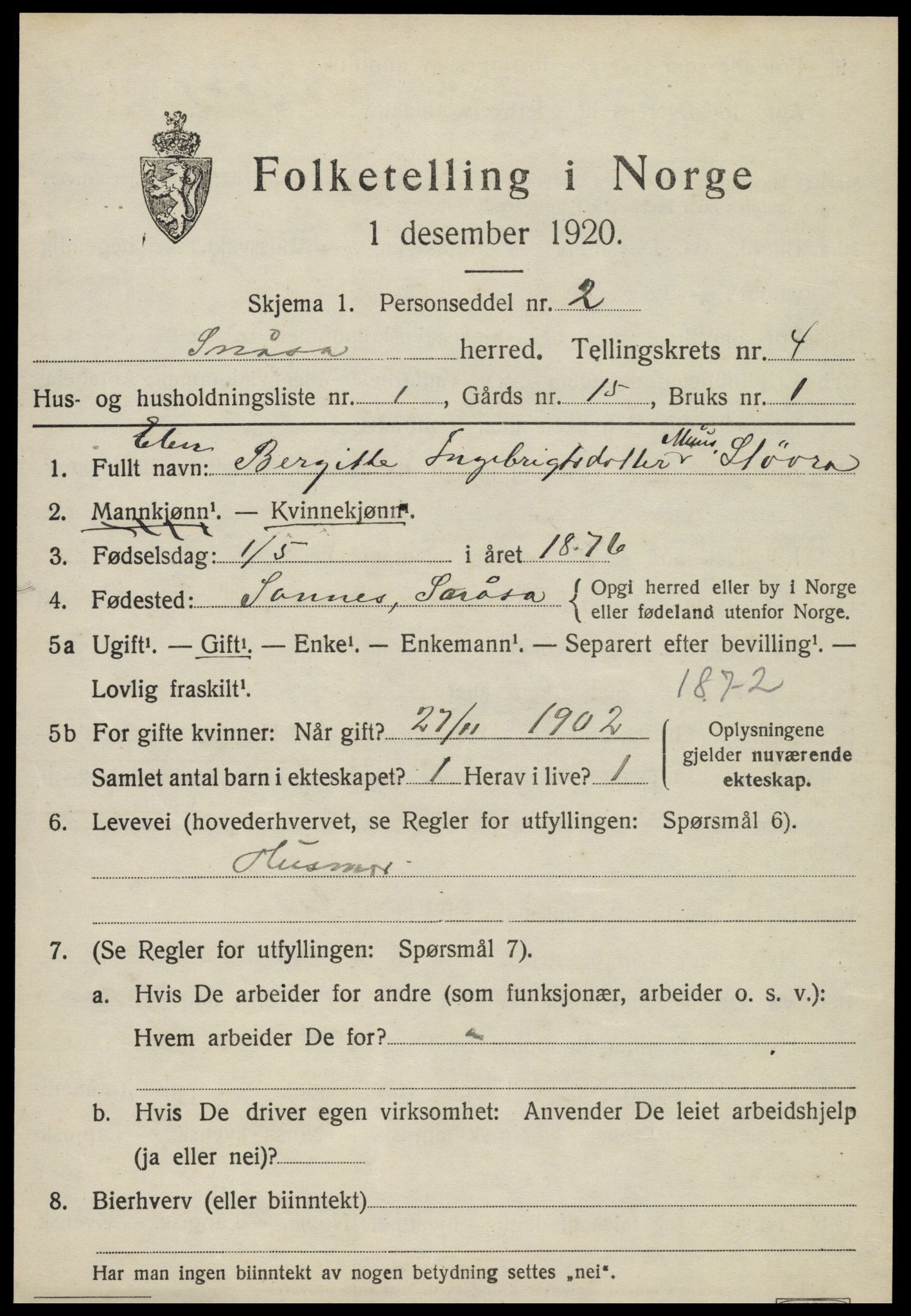 SAT, 1920 census for Snåsa, 1920, p. 1958