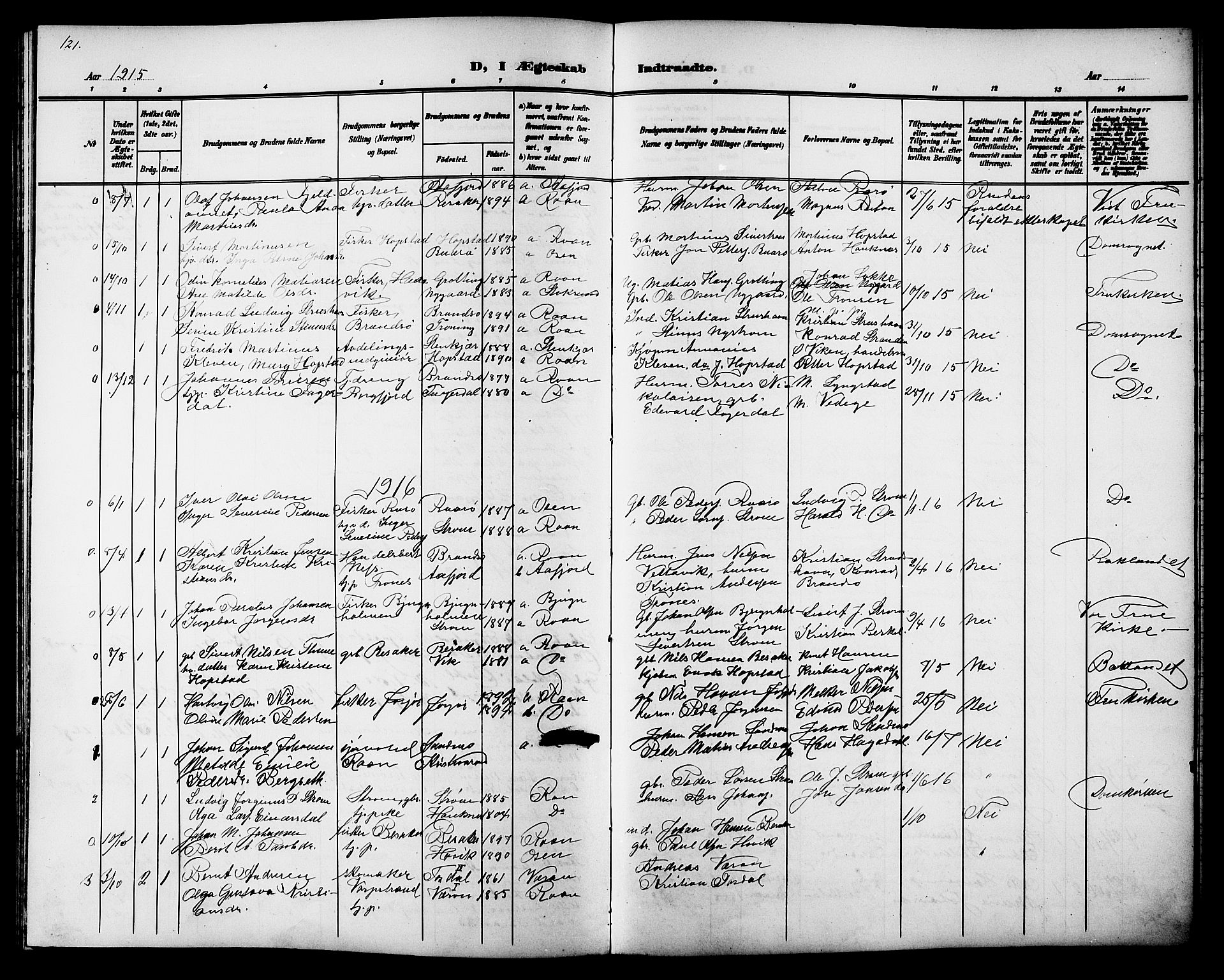 Ministerialprotokoller, klokkerbøker og fødselsregistre - Sør-Trøndelag, SAT/A-1456/657/L0717: Parish register (copy) no. 657C04, 1904-1923, p. 121