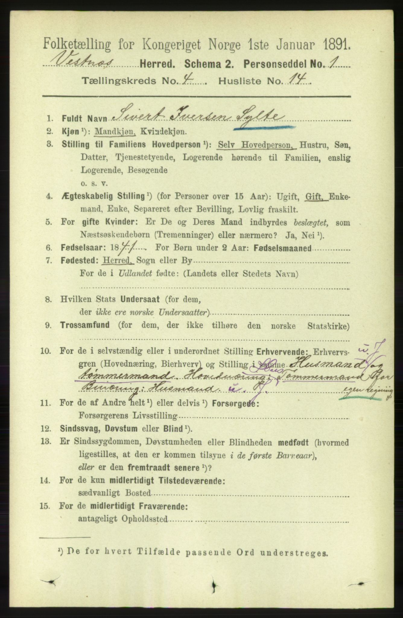 RA, 1891 census for 1535 Vestnes, 1891, p. 1373