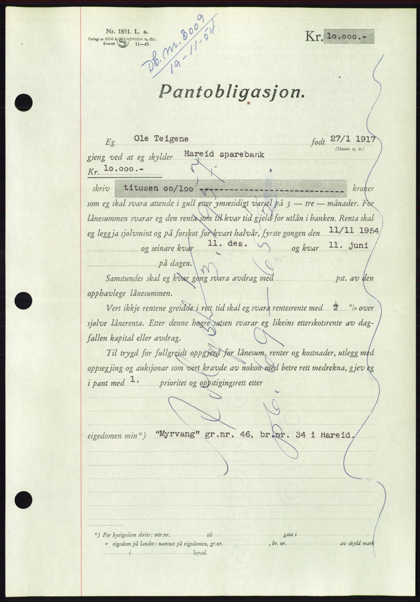 Søre Sunnmøre sorenskriveri, AV/SAT-A-4122/1/2/2C/L0126: Mortgage book no. 14B, 1954-1955, Diary no: : 3009/1954