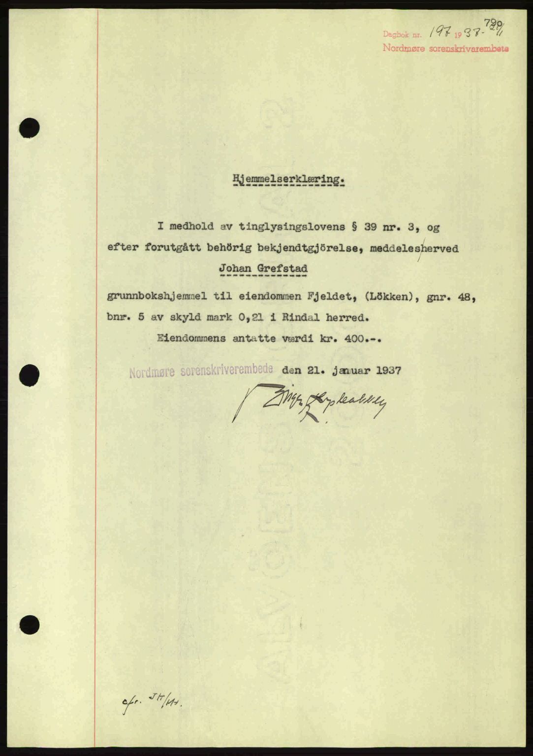 Nordmøre sorenskriveri, AV/SAT-A-4132/1/2/2Ca: Mortgage book no. A80, 1936-1937, Diary no: : 197/1937