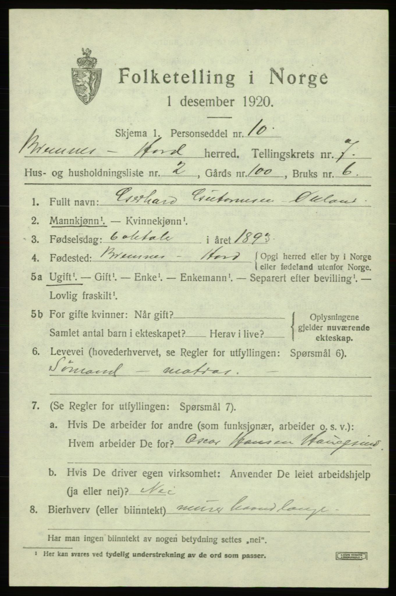 SAB, 1920 census for Bremnes, 1920, p. 4046