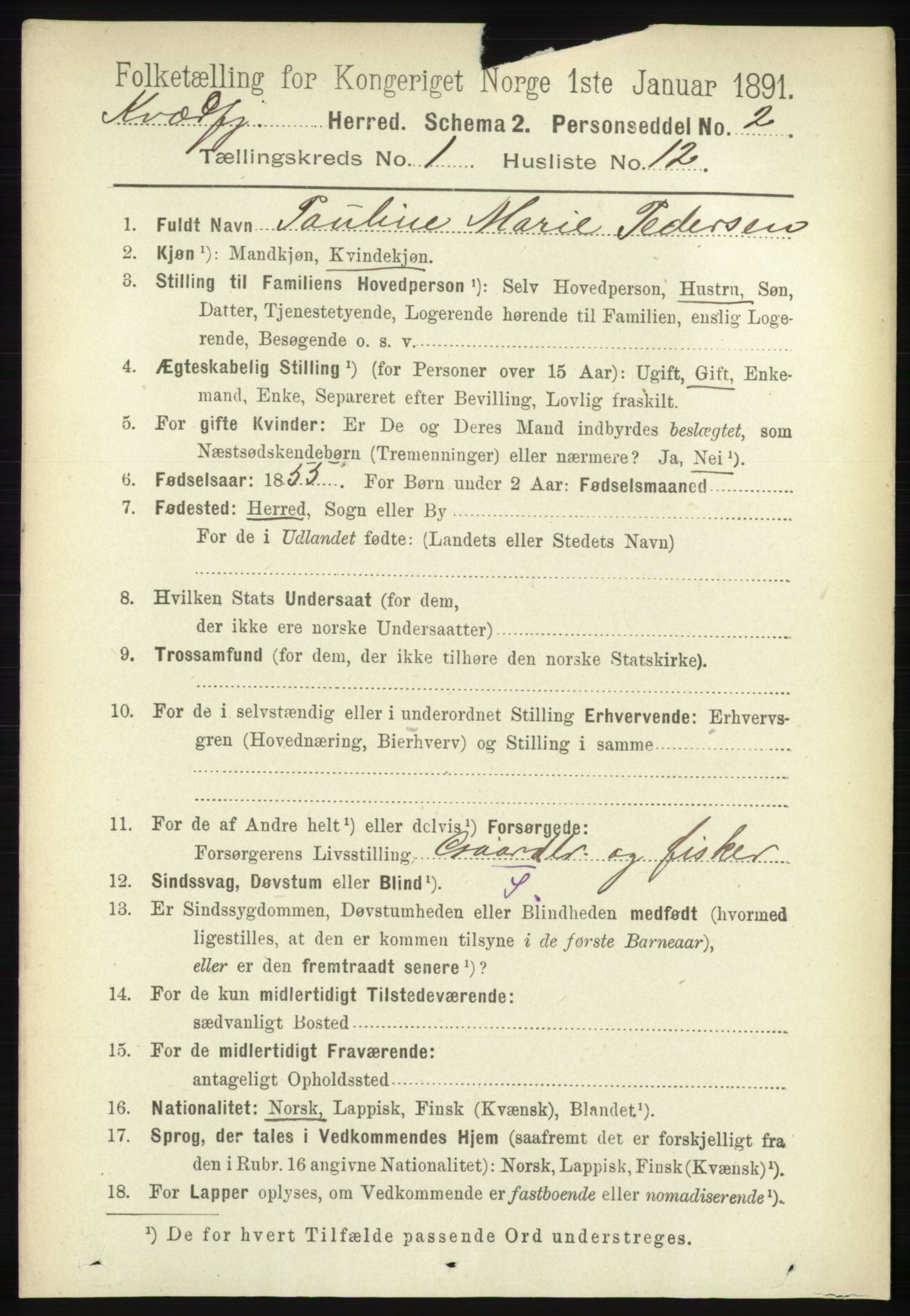 RA, 1891 census for 1911 Kvæfjord, 1891, p. 169