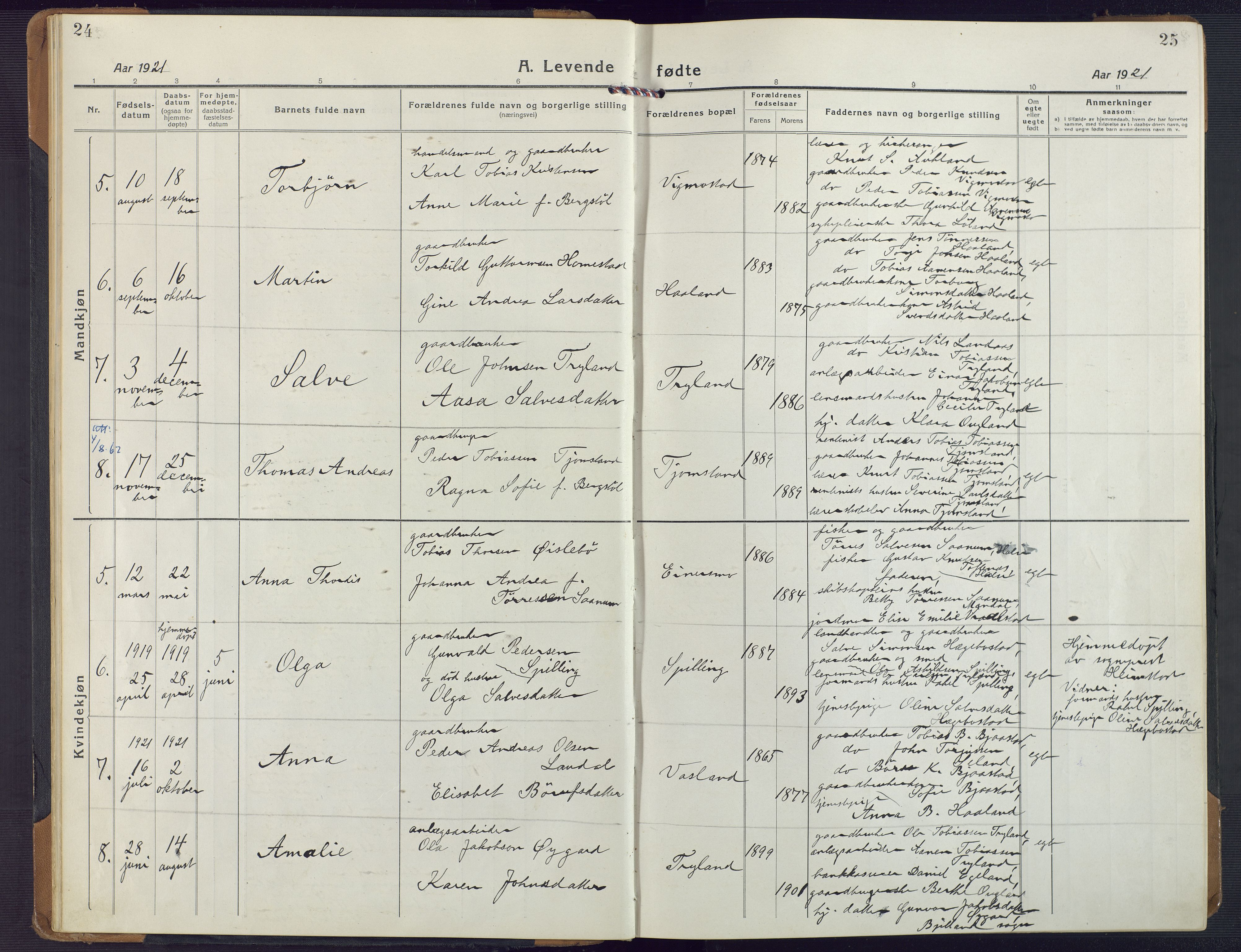 Nord-Audnedal sokneprestkontor, AV/SAK-1111-0032/F/Fa/Fab/L0005: Parish register (official) no. A 5, 1918-1925, p. 24-25