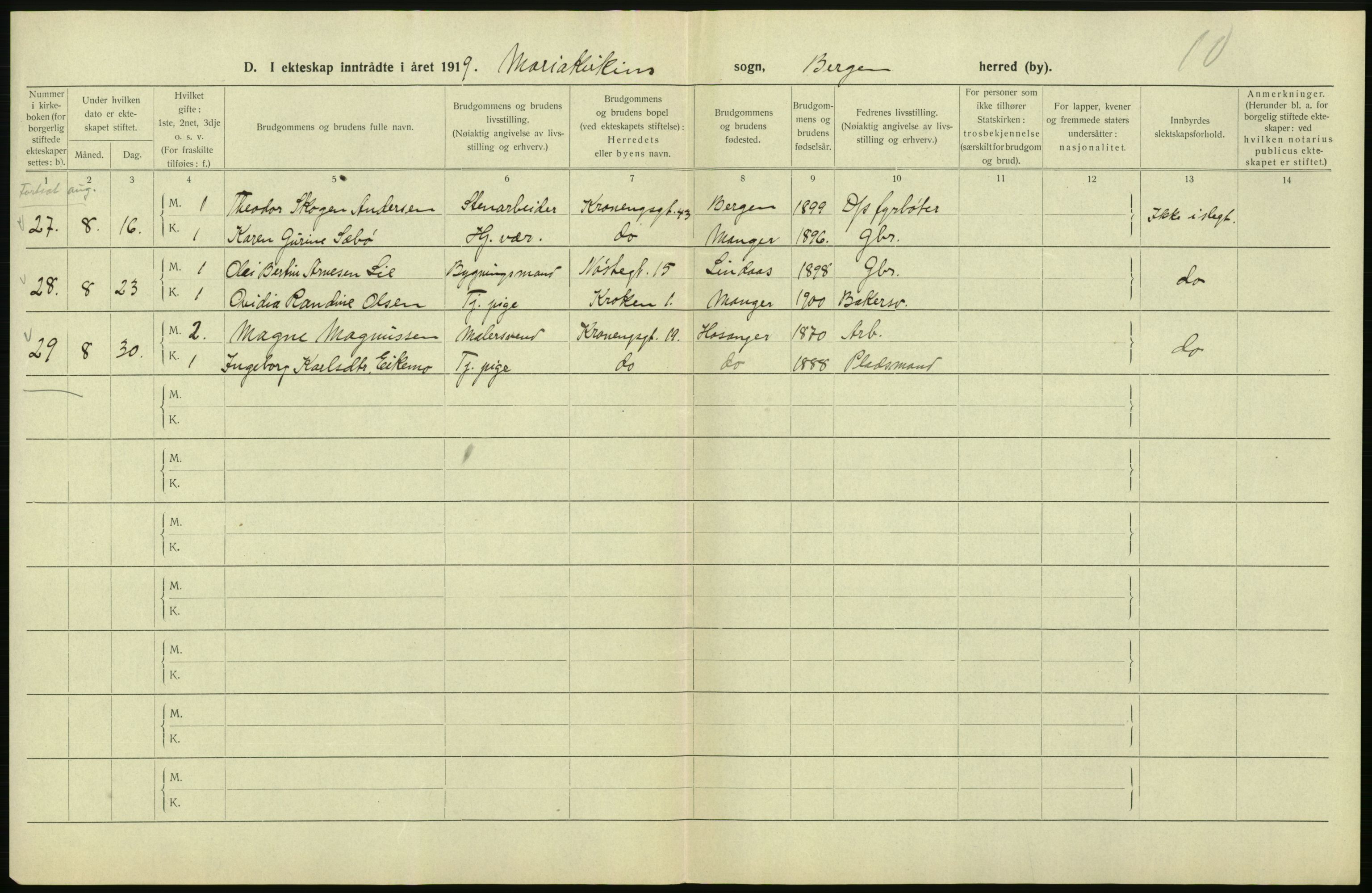 Statistisk sentralbyrå, Sosiodemografiske emner, Befolkning, RA/S-2228/D/Df/Dfb/Dfbi/L0035: Bergen: Gifte, døde, dødfødte., 1919, p. 92