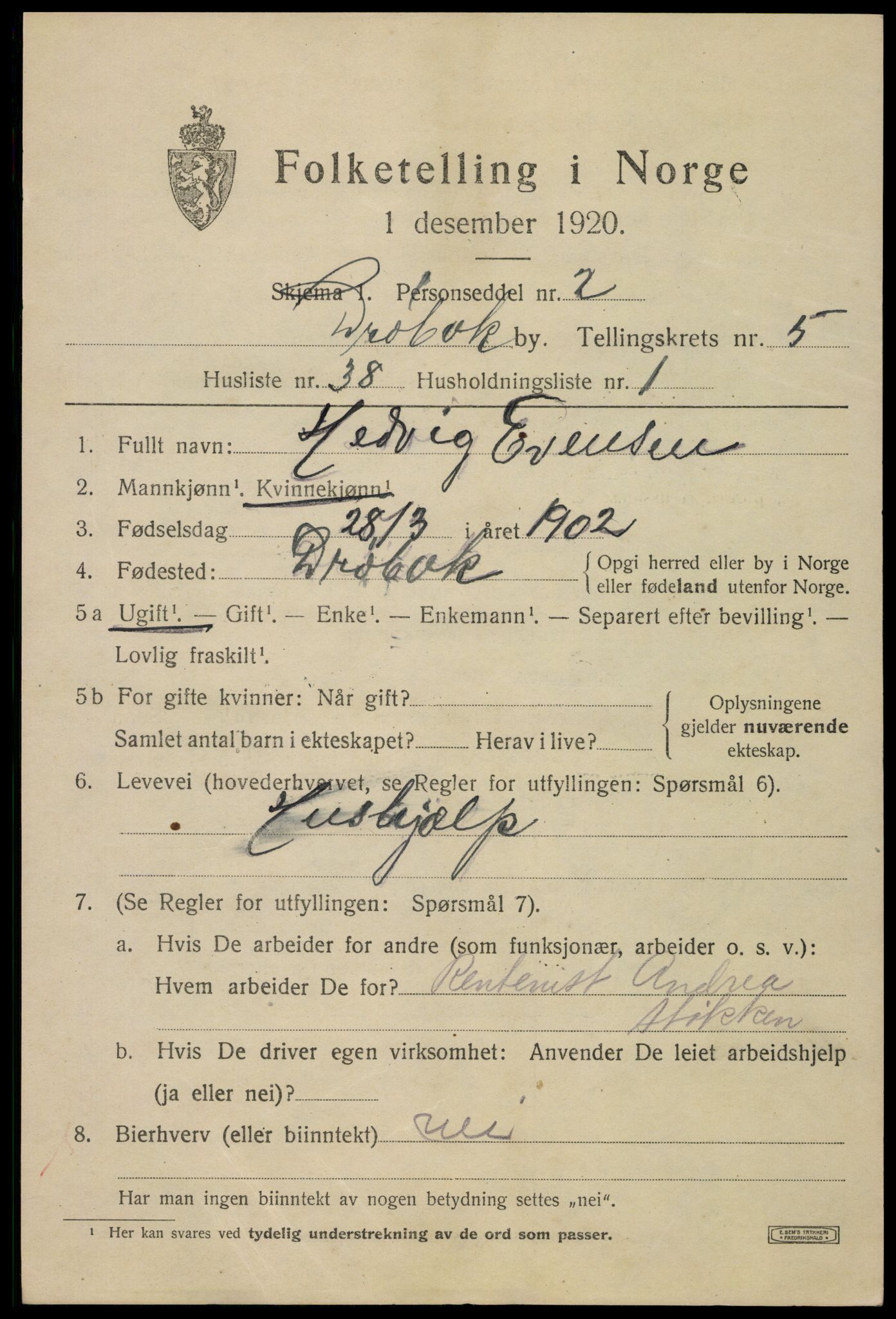 SAO, 1920 census for Drøbak, 1920, p. 4949