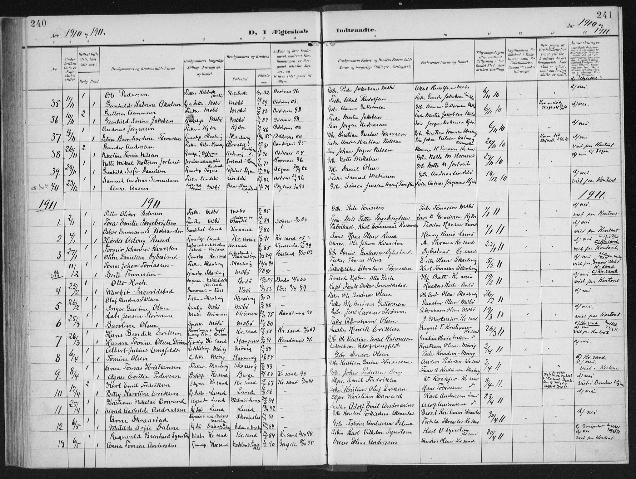 Oddernes sokneprestkontor, AV/SAK-1111-0033/F/Fa/Faa/L0011: Parish register (official) no. A 11, 1904-1911, p. 240-241