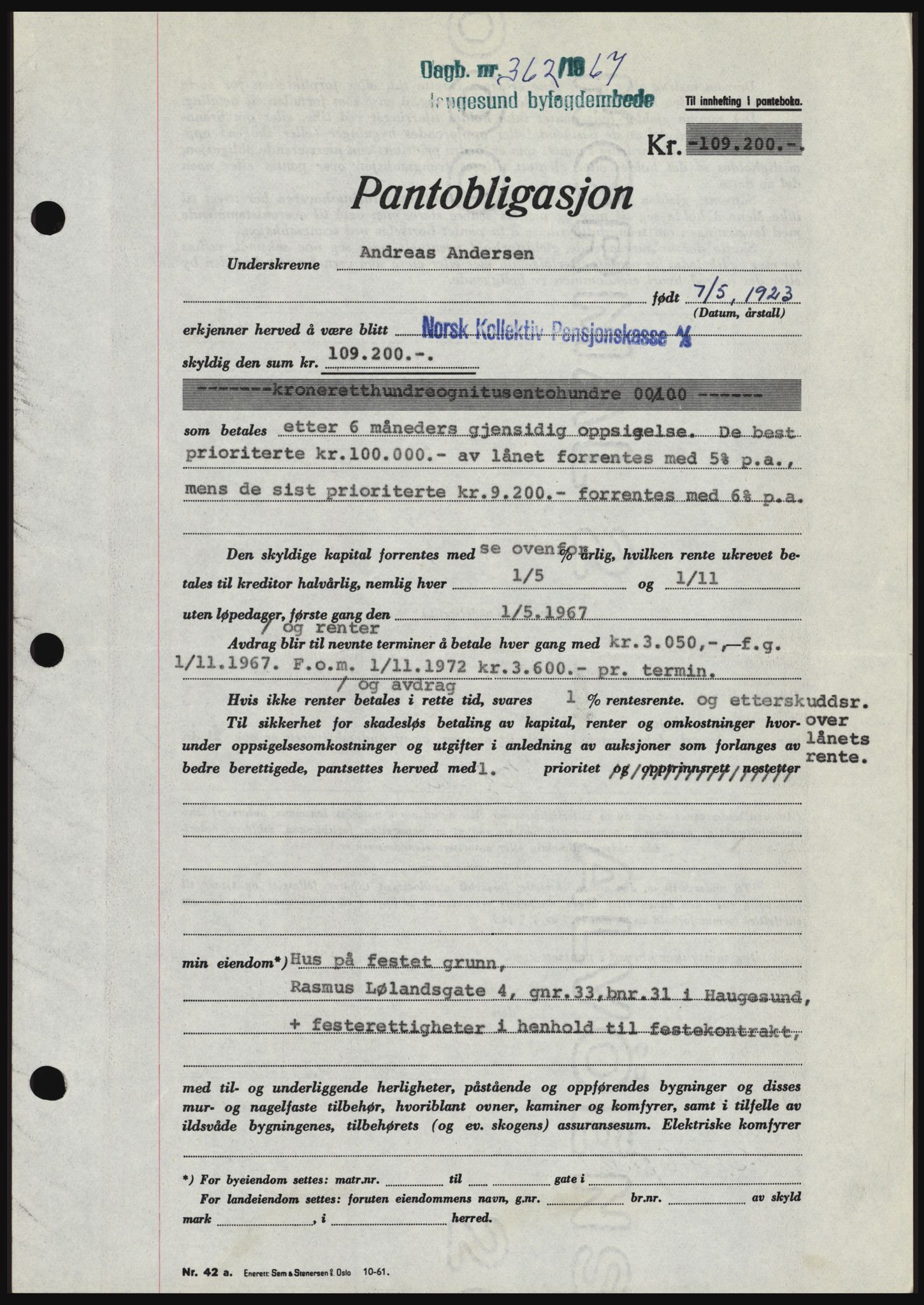 Haugesund tingrett, SAST/A-101415/01/II/IIC/L0056: Mortgage book no. B 56, 1966-1967, Diary no: : 362/1967
