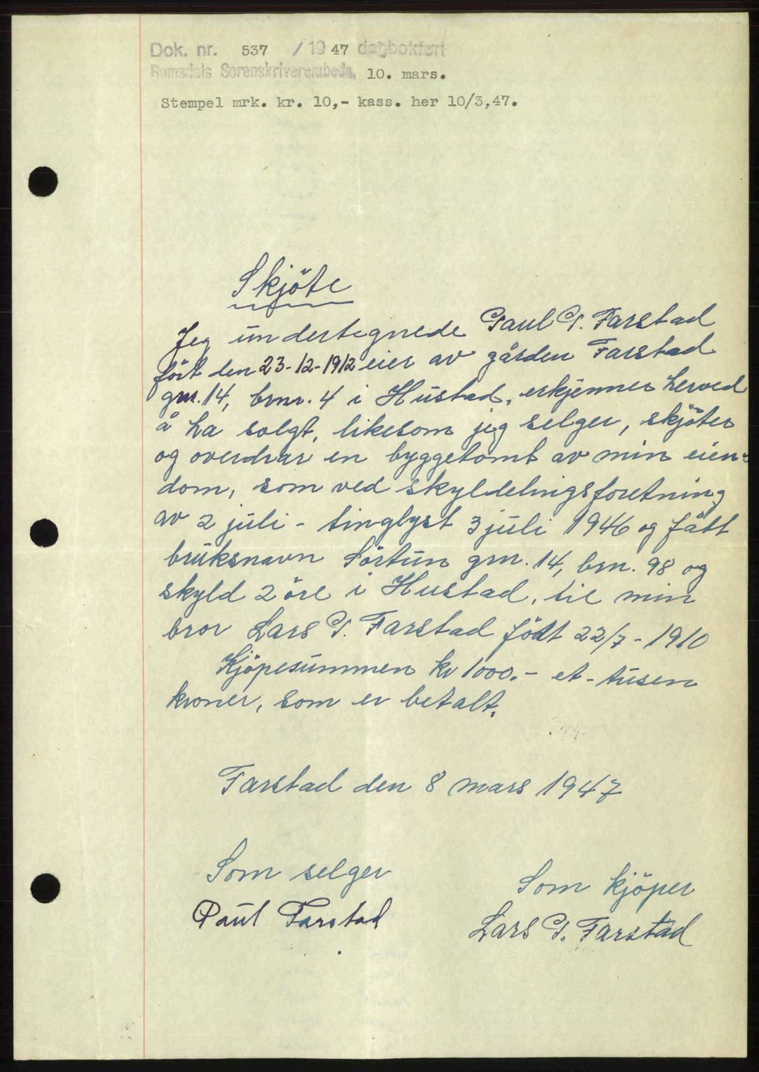 Romsdal sorenskriveri, SAT/A-4149/1/2/2C: Mortgage book no. A22, 1947-1947, Diary no: : 537/1947
