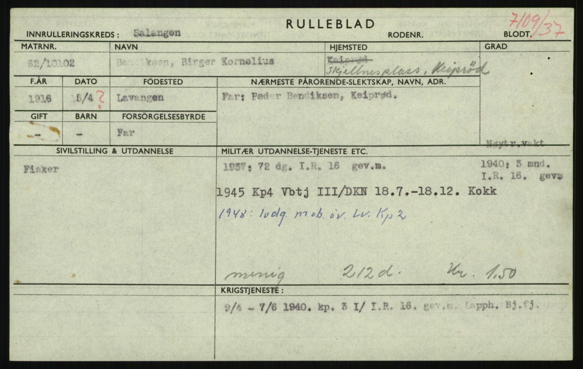 Forsvaret, Troms infanteriregiment nr. 16, AV/RA-RAFA-3146/P/Pa/L0021: Rulleblad for regimentets menige mannskaper, årsklasse 1937, 1937, p. 45