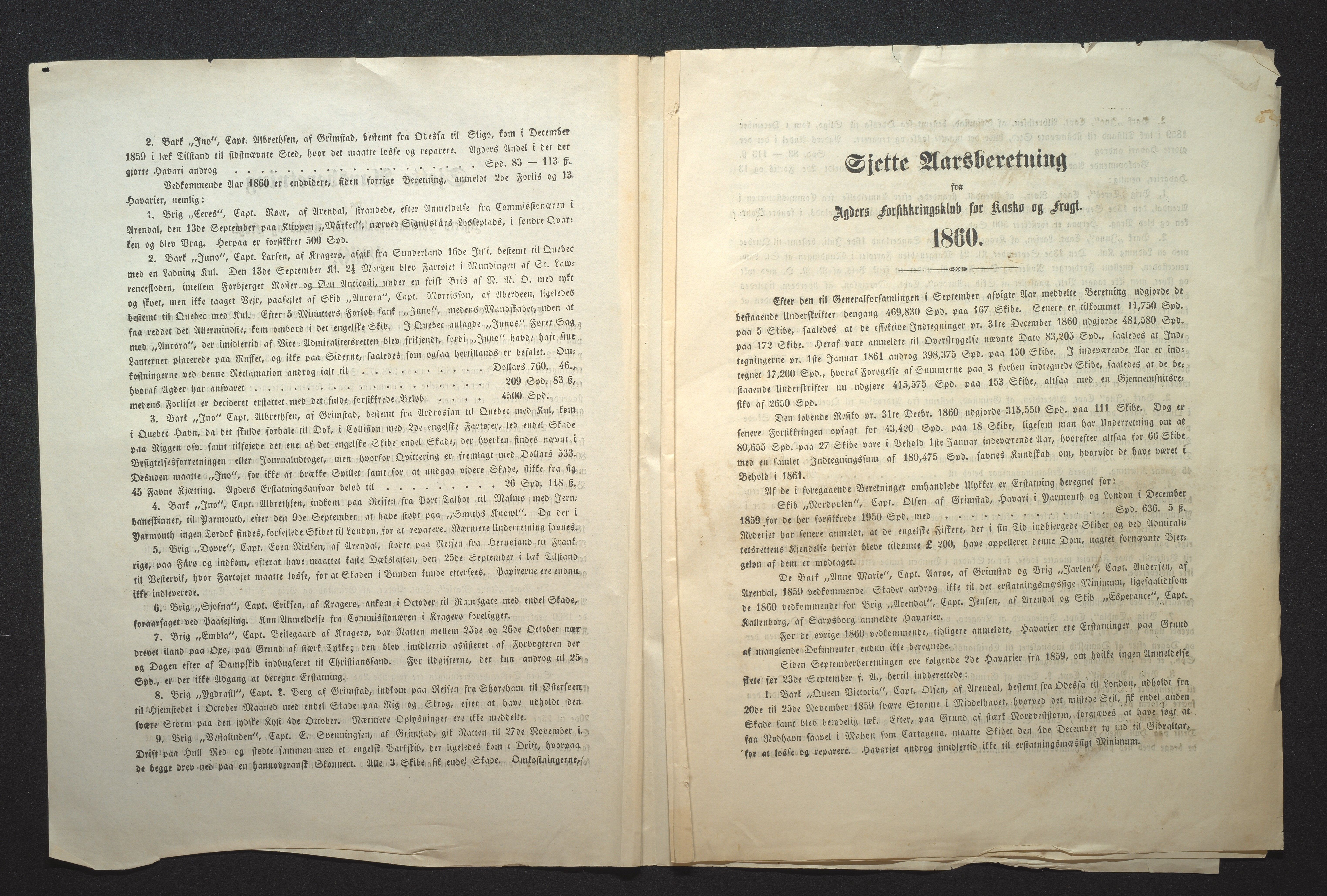 Agders Gjensidige Assuranceforening, AAKS/PA-1718/05/L0001: Regnskap, seilavdeling, pakkesak, 1855-1880