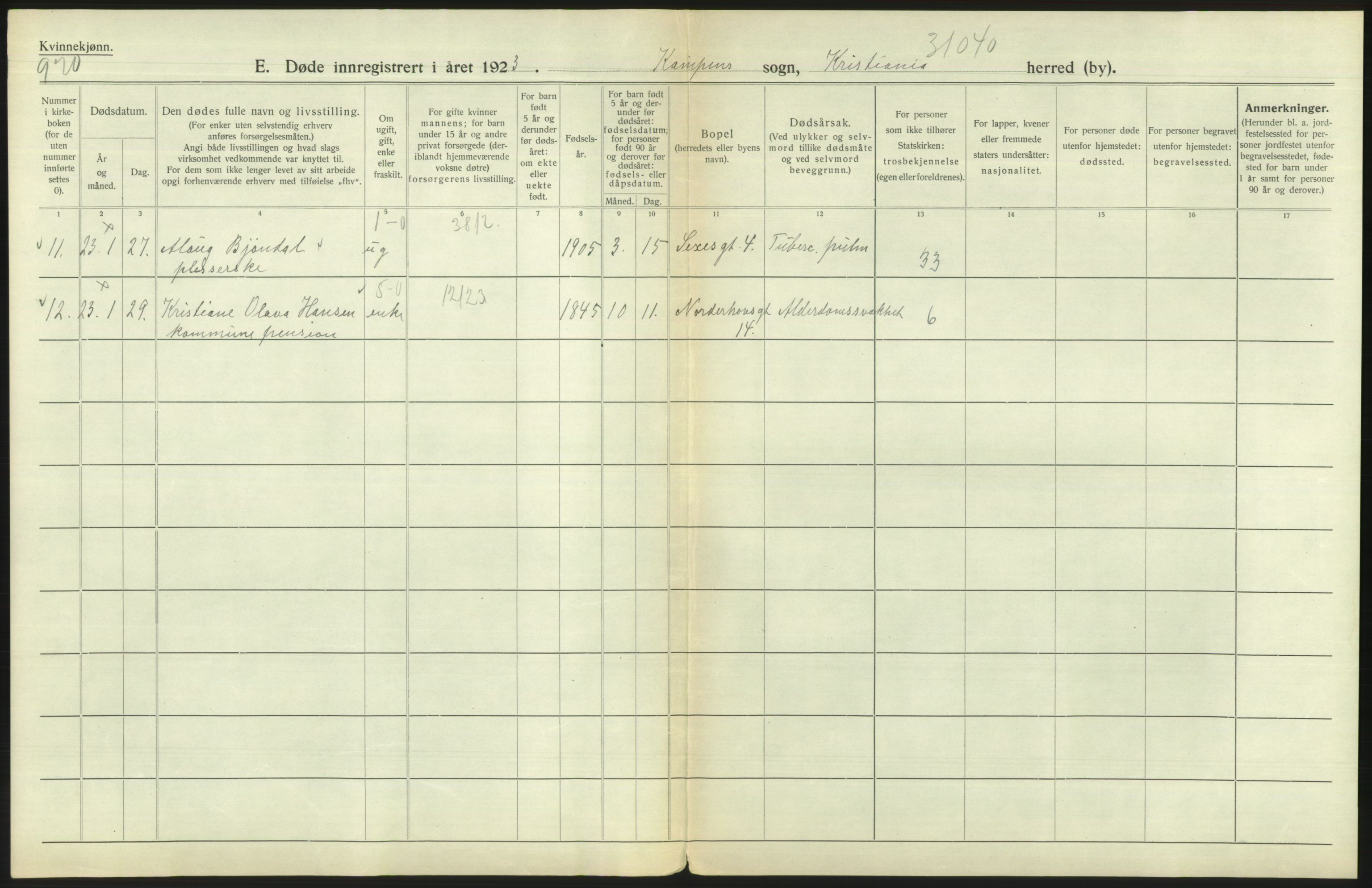Statistisk sentralbyrå, Sosiodemografiske emner, Befolkning, AV/RA-S-2228/D/Df/Dfc/Dfcc/L0010: Kristiania: Døde, dødfødte, 1923, p. 238